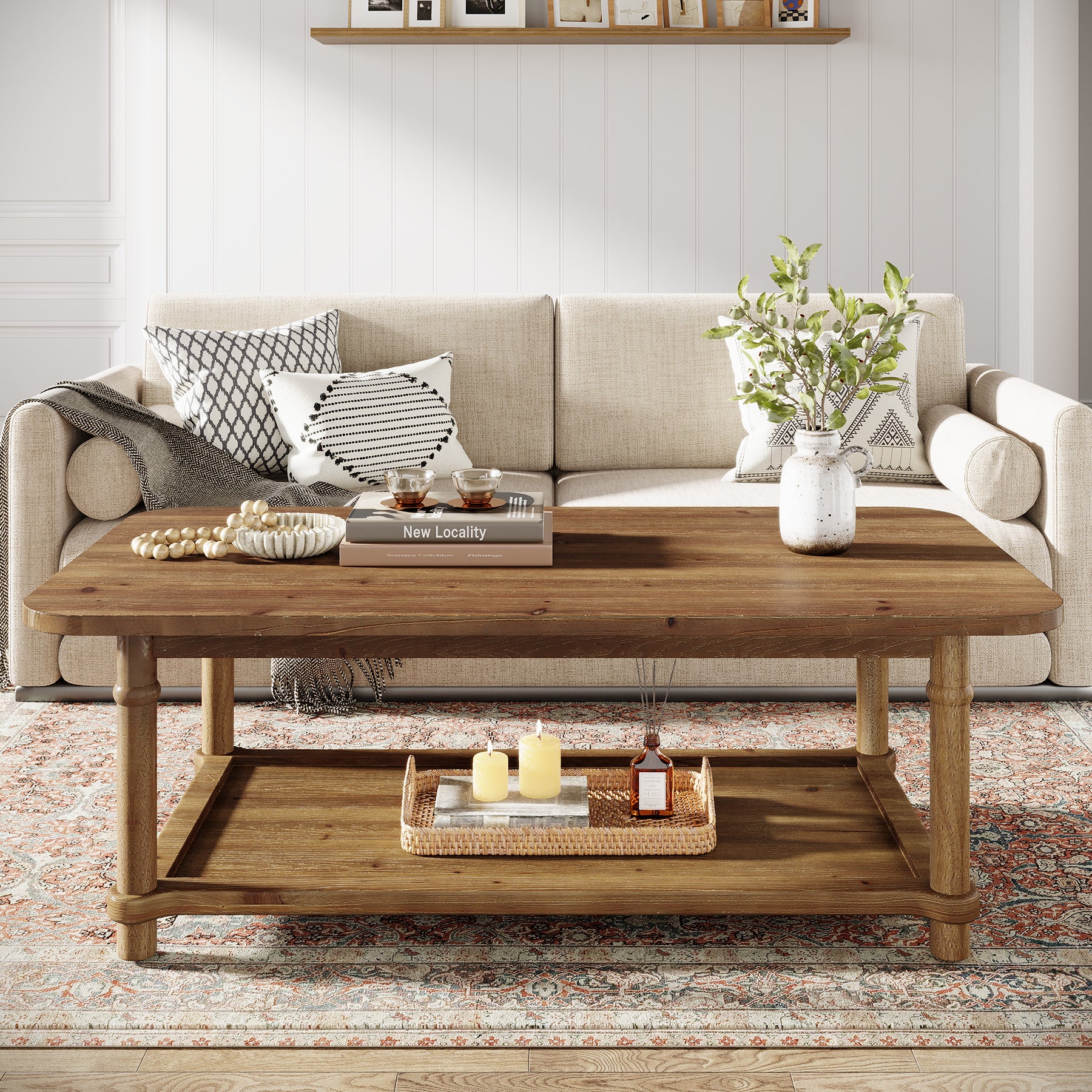 Rectangle Solid Wood Coffee Table, 47" Center Table with 2-Tier Storage