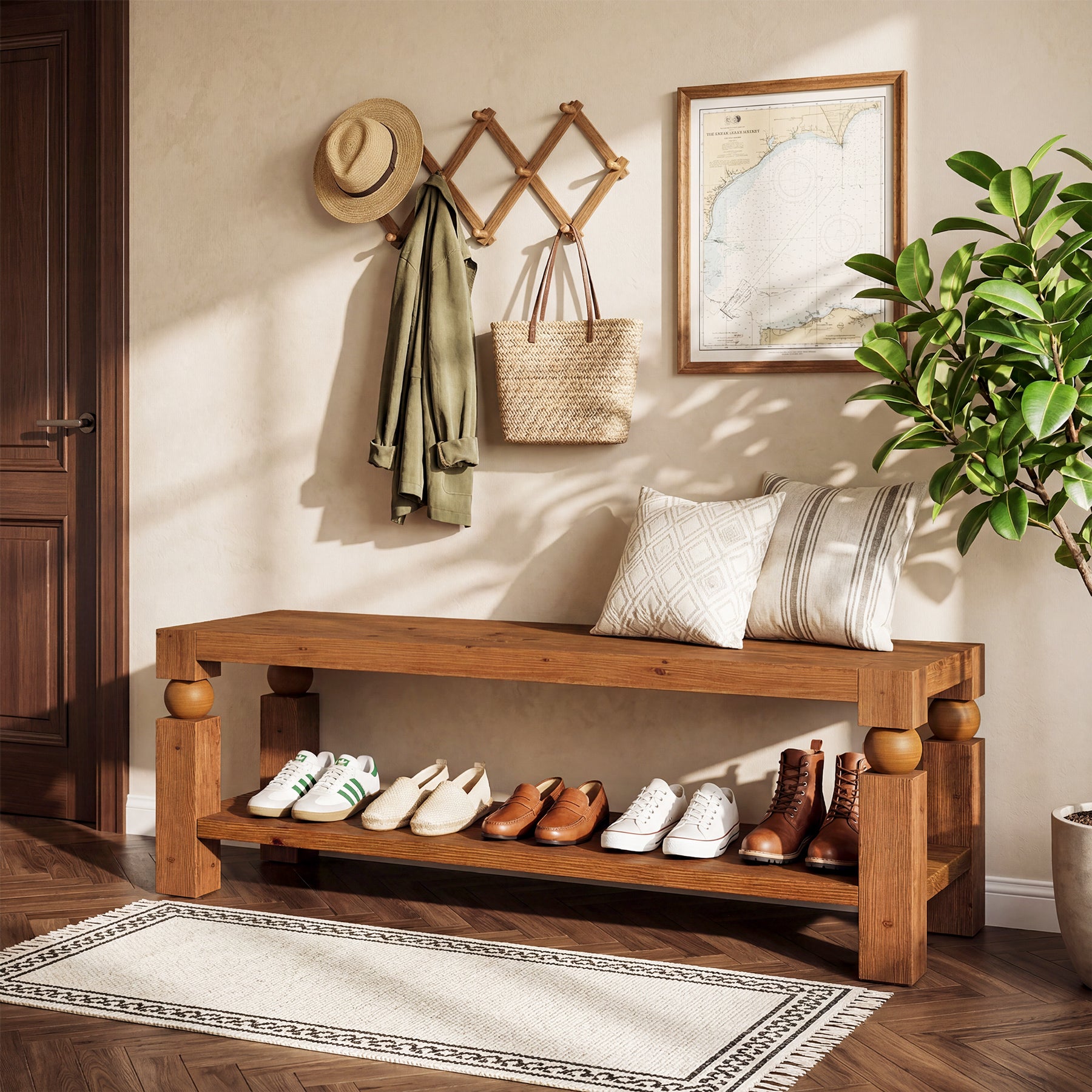 Solid Wood Entryway Bench, 47" Shoe Storage Bench with Shelf for Hallway