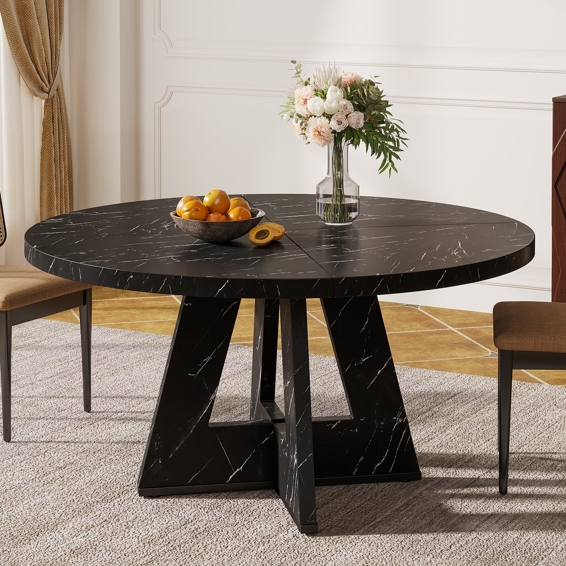 Round Dining Table for 4, 47" Wooden Kitchen Table Farmhouse Dinner Table