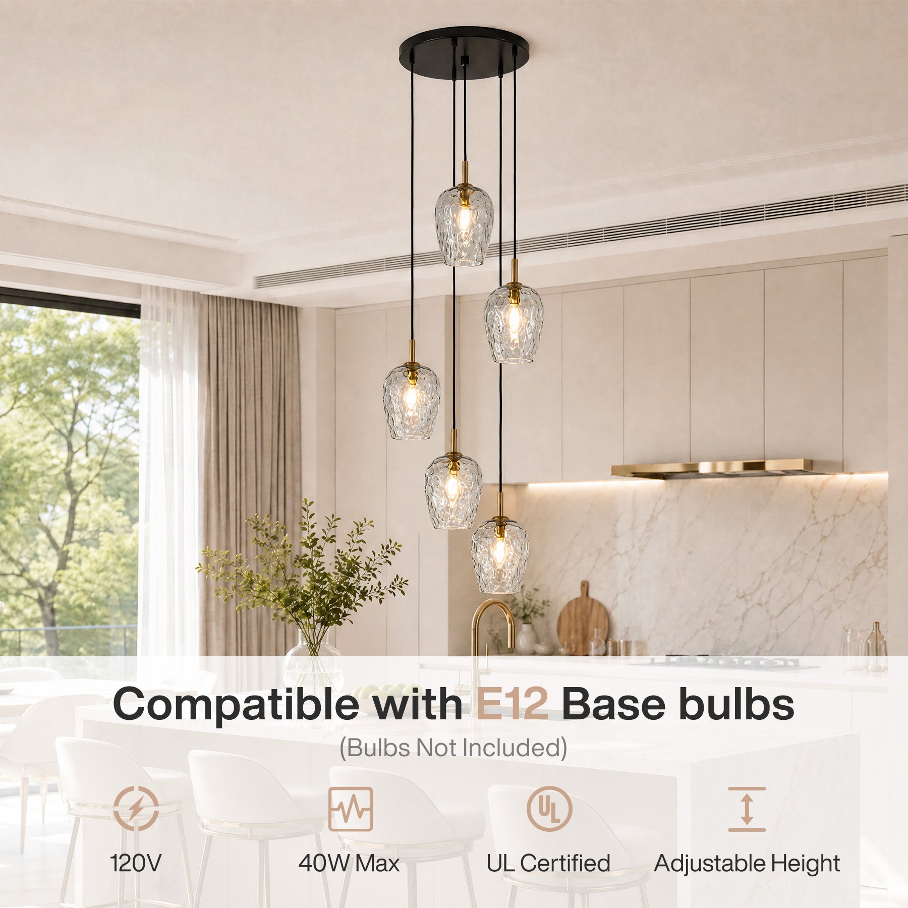 5-Light Hammered Glass Pendant Light, Modern Light Fixtures with Adjustable 60" Cord