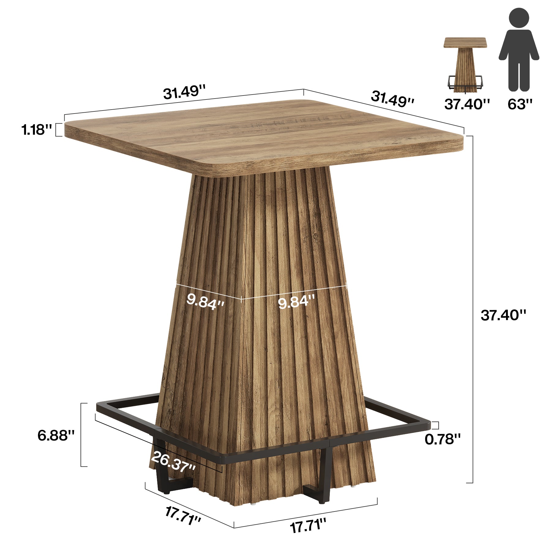 37.4" Square Bar Table, Farmhouse Counter Height Pub Table with Metal Footrest