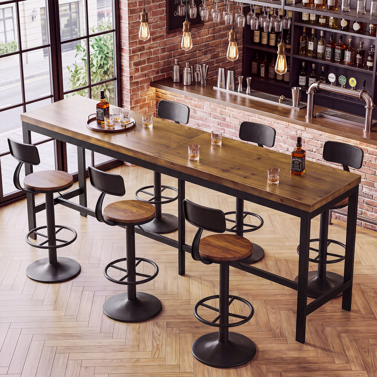 79" Solid Wood Bar Table, Rectangular High Top Table with Metal Footrest for Home Kitchen