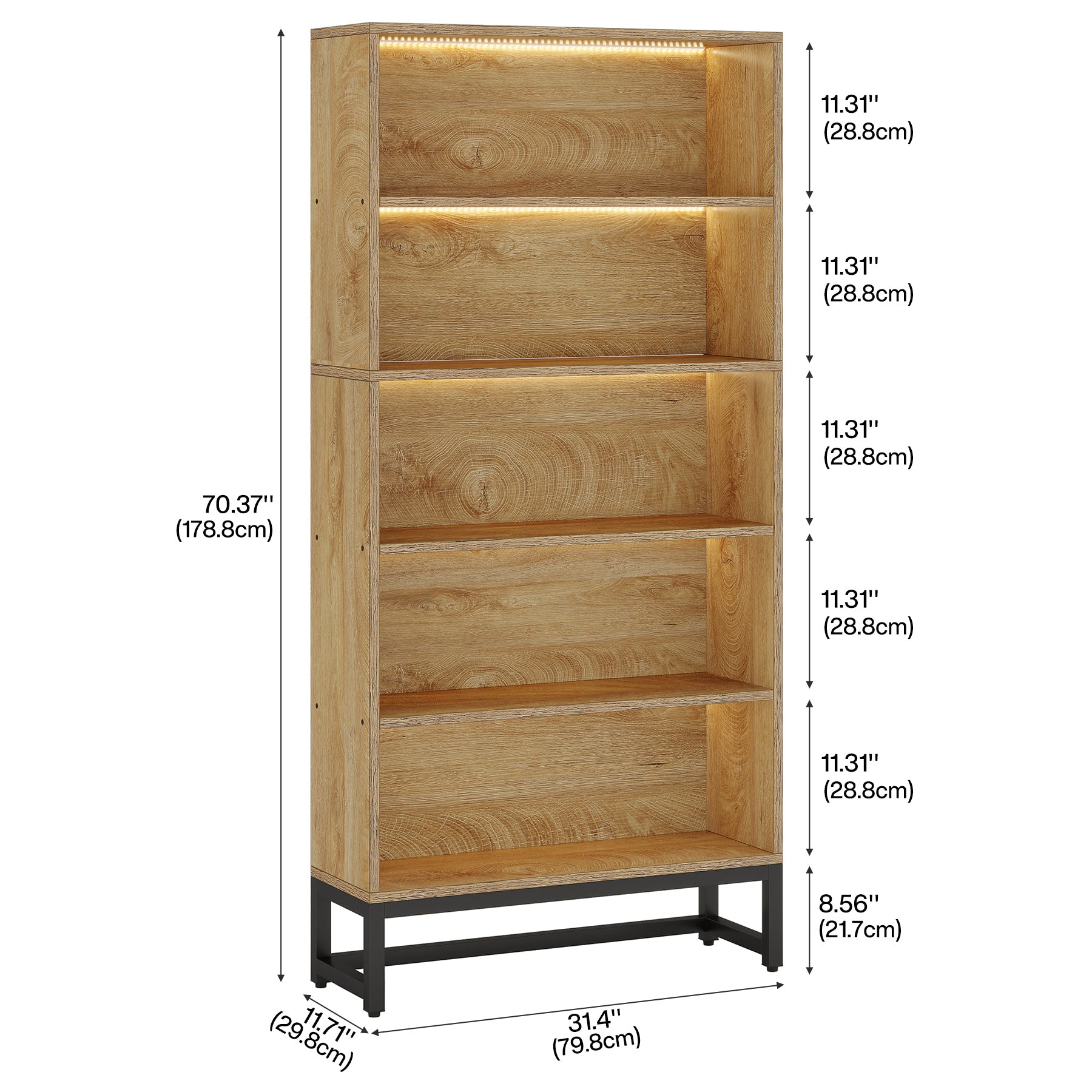 70.4“ 5-Tier Freestanding Bookshelf with LED Lights, Heavy-Duty Bookcase Display Organizer