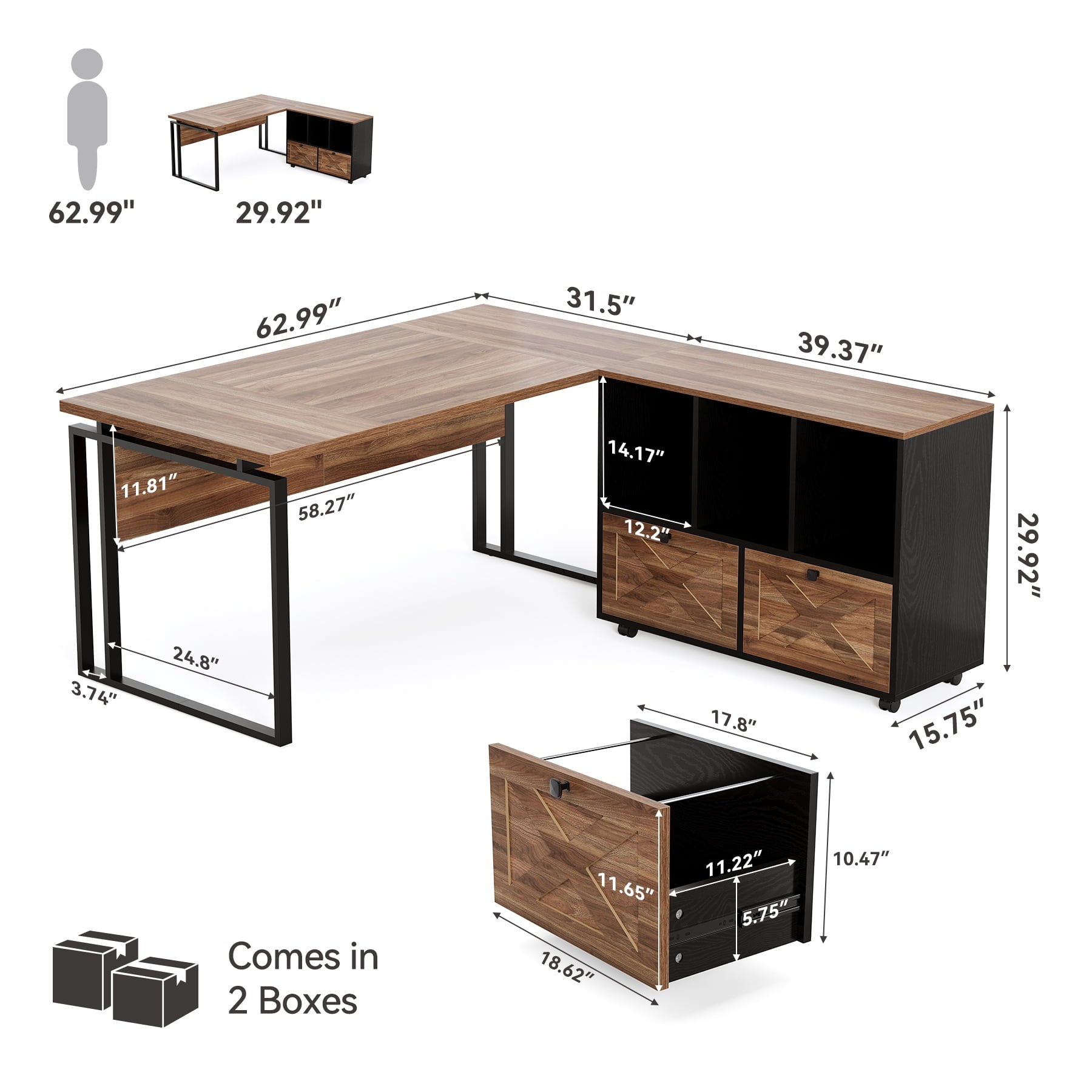 L-Shaped Office Desk, 63" Executive Computer Desk with File Cabinet