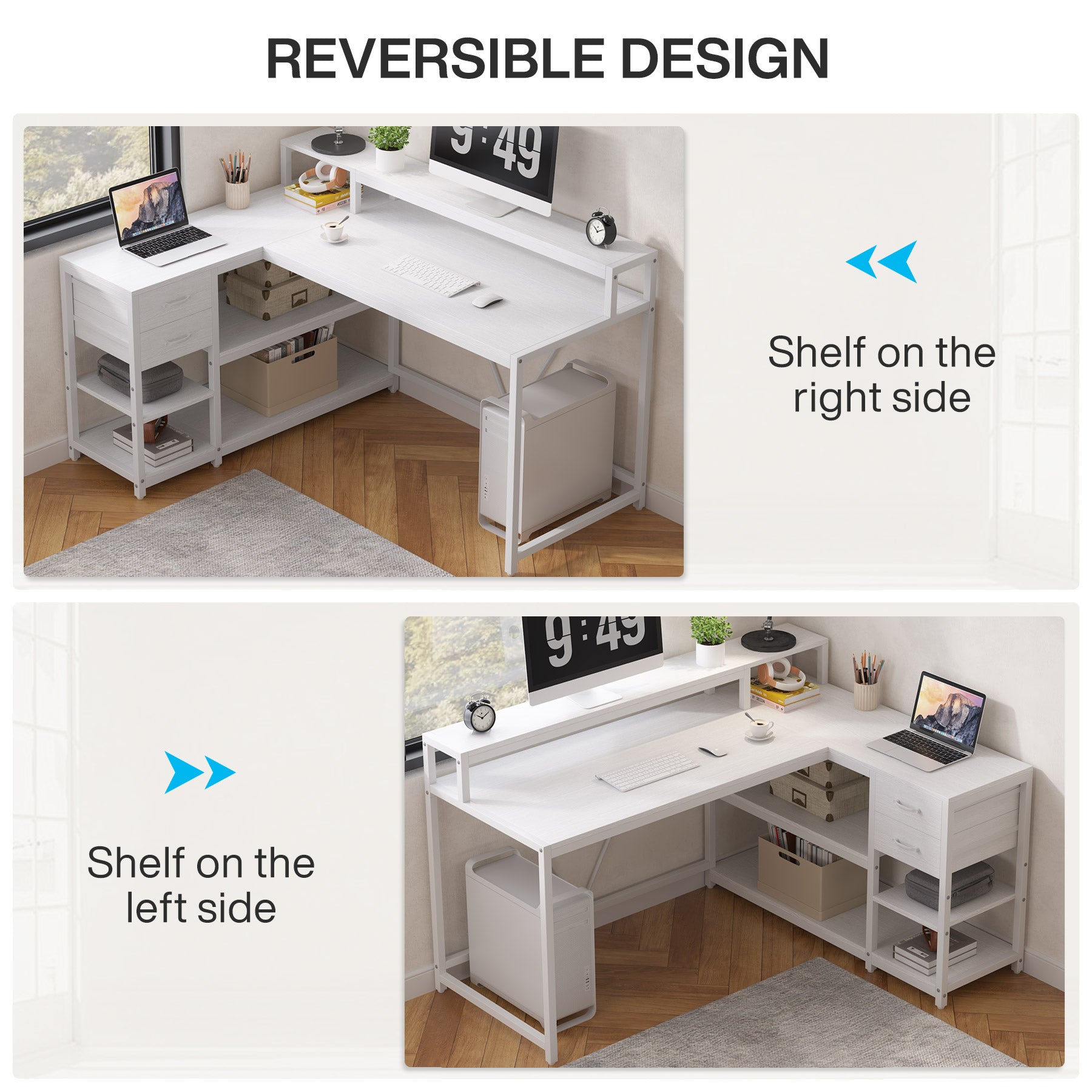 Reversible L-Shaped Desk, Industrial Corner Desk with Drawer & Shelves