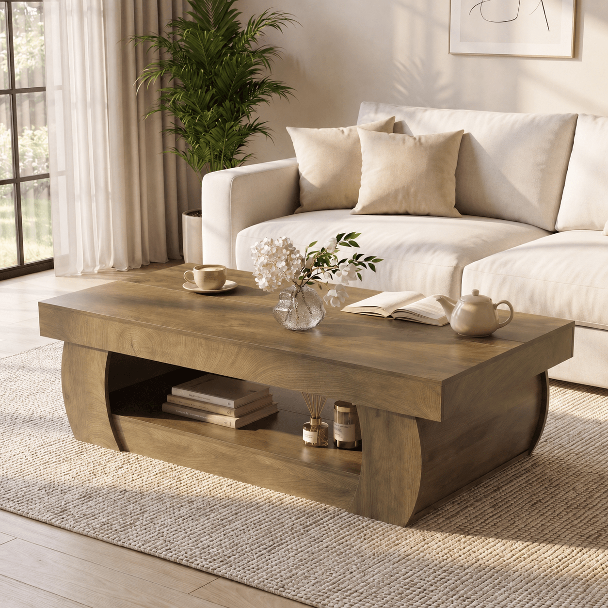 55" Farmhouse Coffee Table with Storage and Curved Pedestal Base