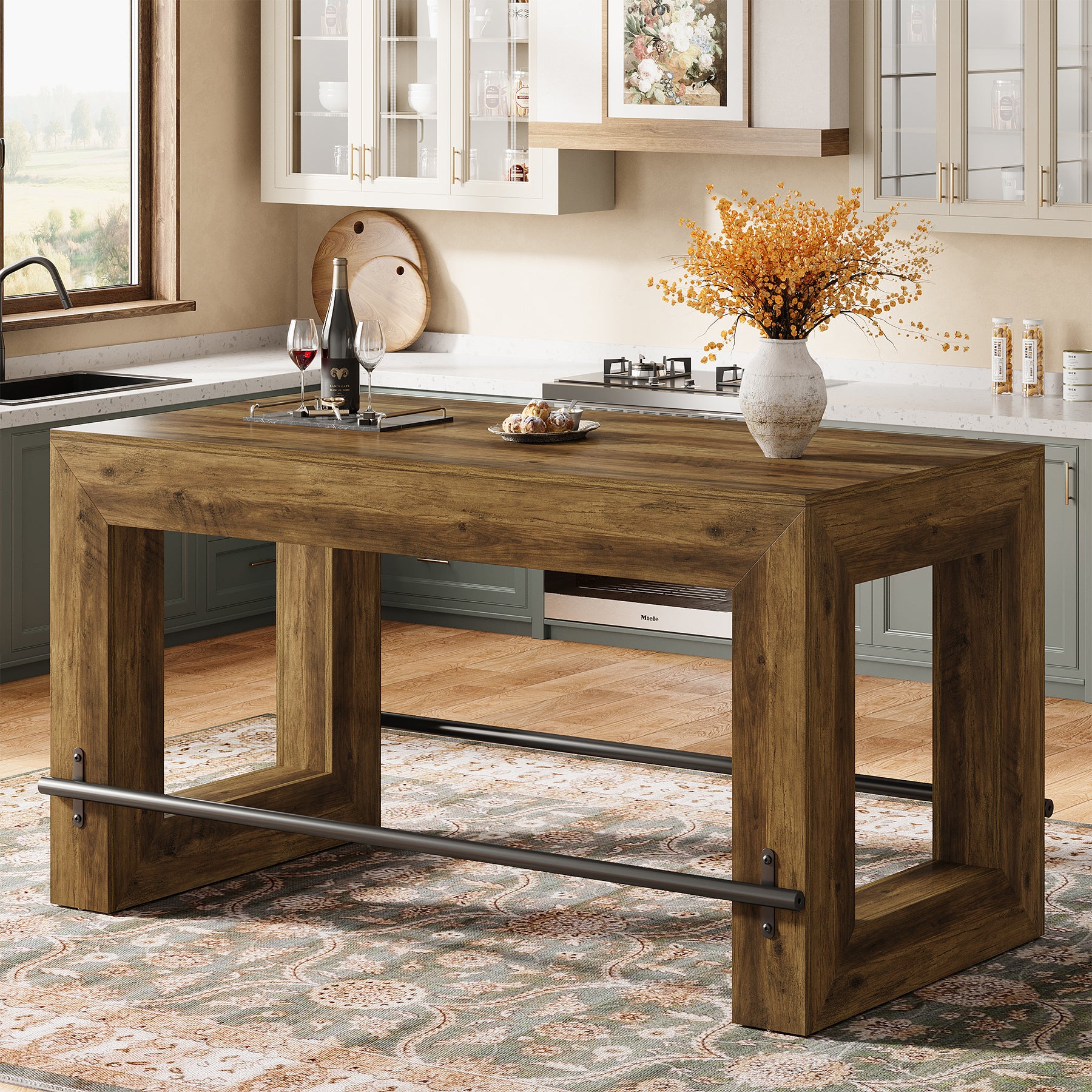 Counter Height Bar Table, 59" Pub Table With Metal Footrest For Dining Room