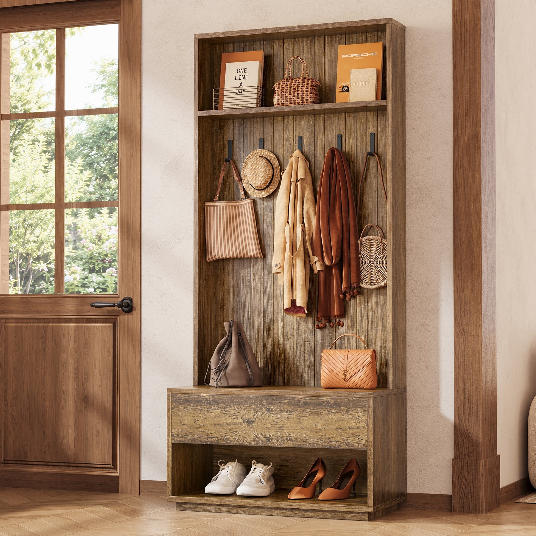 70.87-Inch Hall Tree with Bench and Shoe Storage, 5-in-1 Organizer with Drawer and 5 Hooks