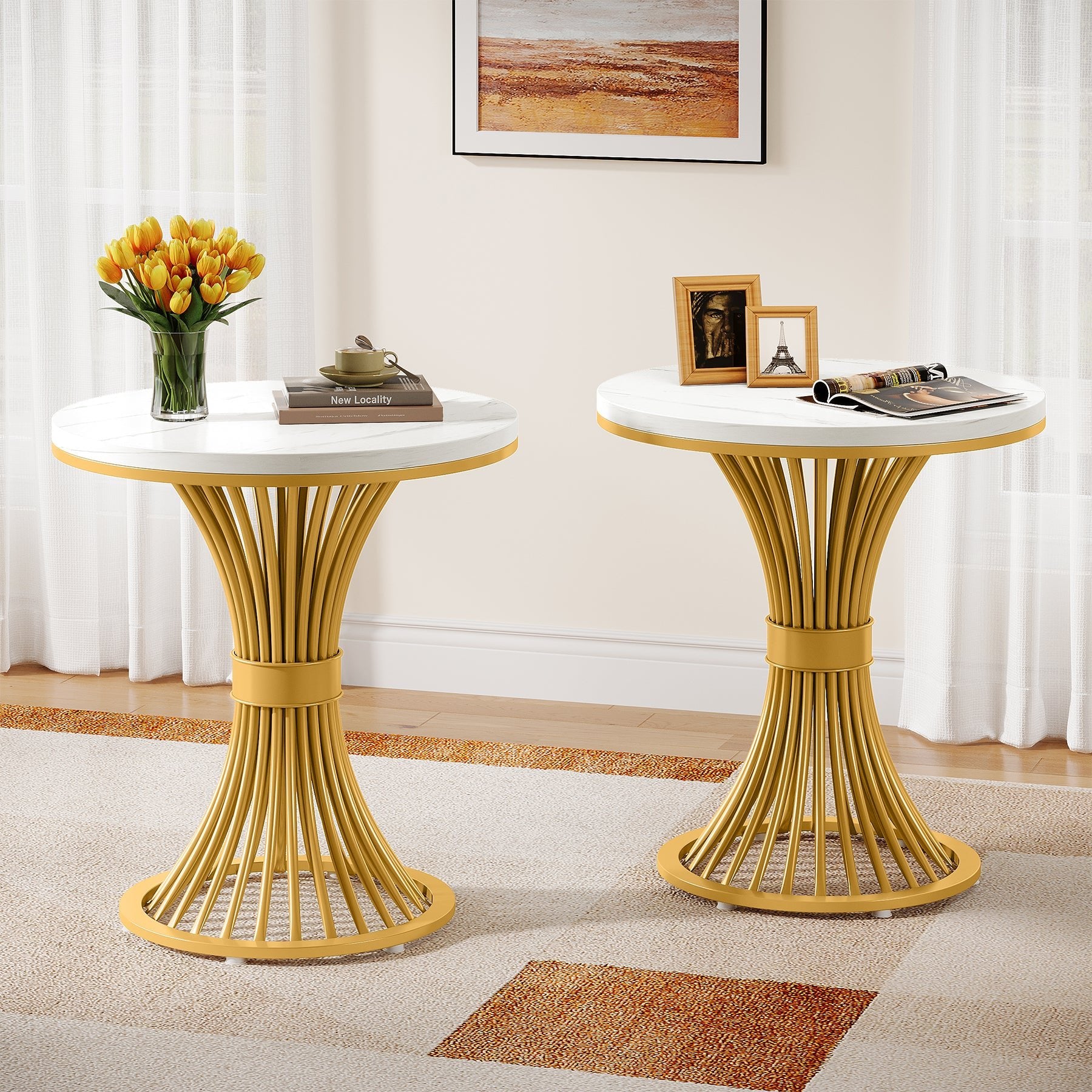 Tribesigns Set of 2 Round End Tables, Modern Faux Marble with Gold Base