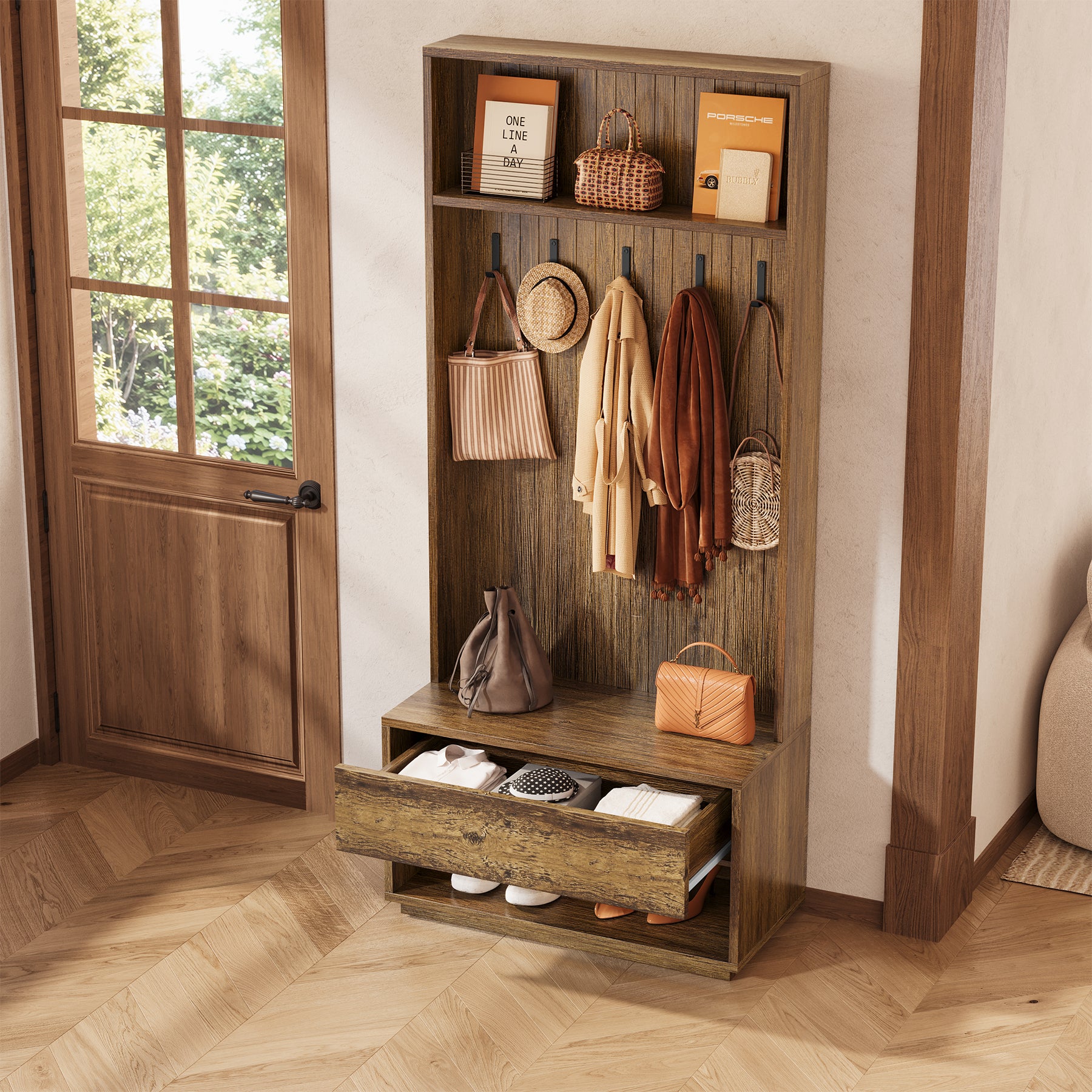 70.87-Inch Hall Tree with Bench and Shoe Storage, 5-in-1 Organizer with Drawer and 5 Hooks