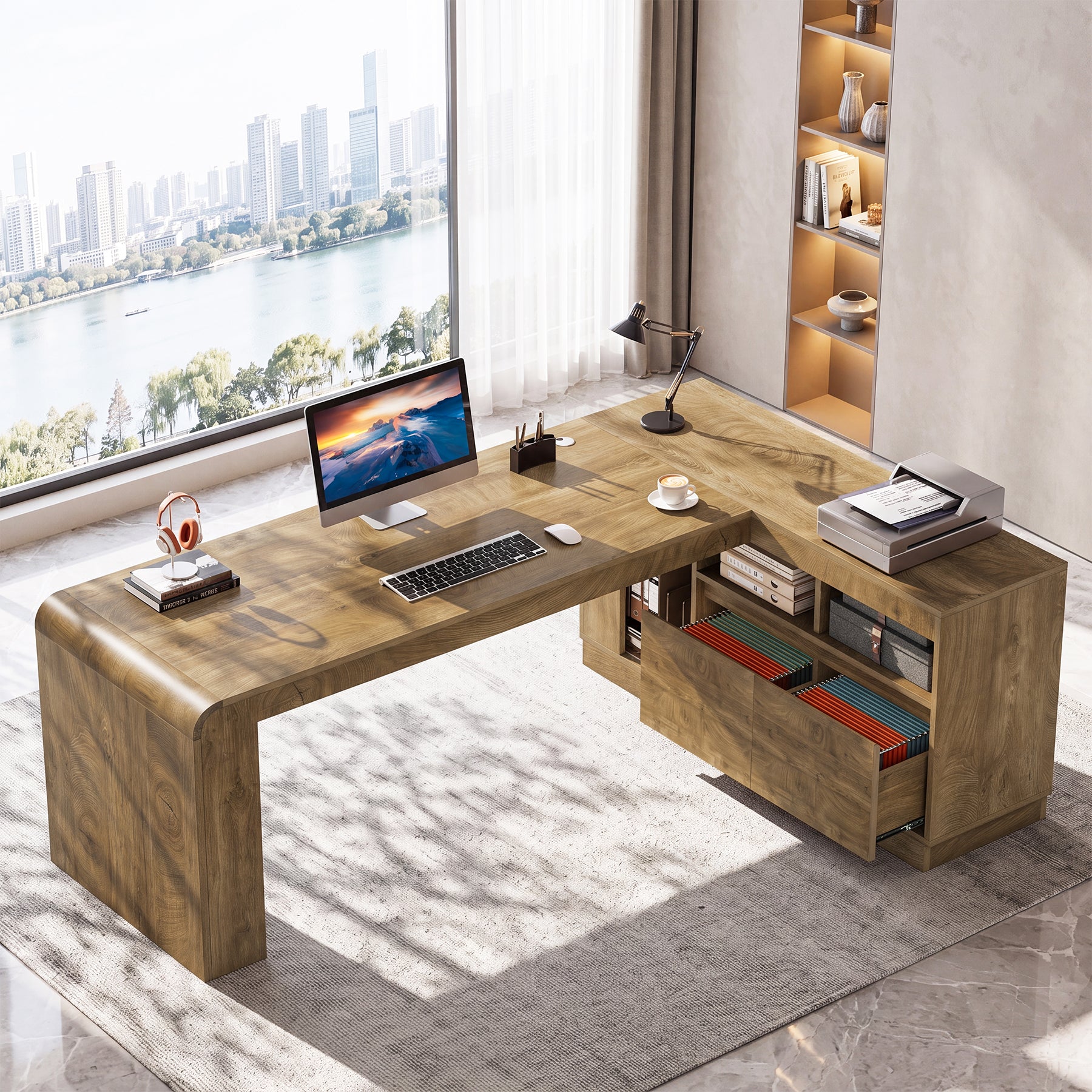78.74" L-Shaped Executive Desk, Corner Computer Desk with Storage Cabinet for Home Office