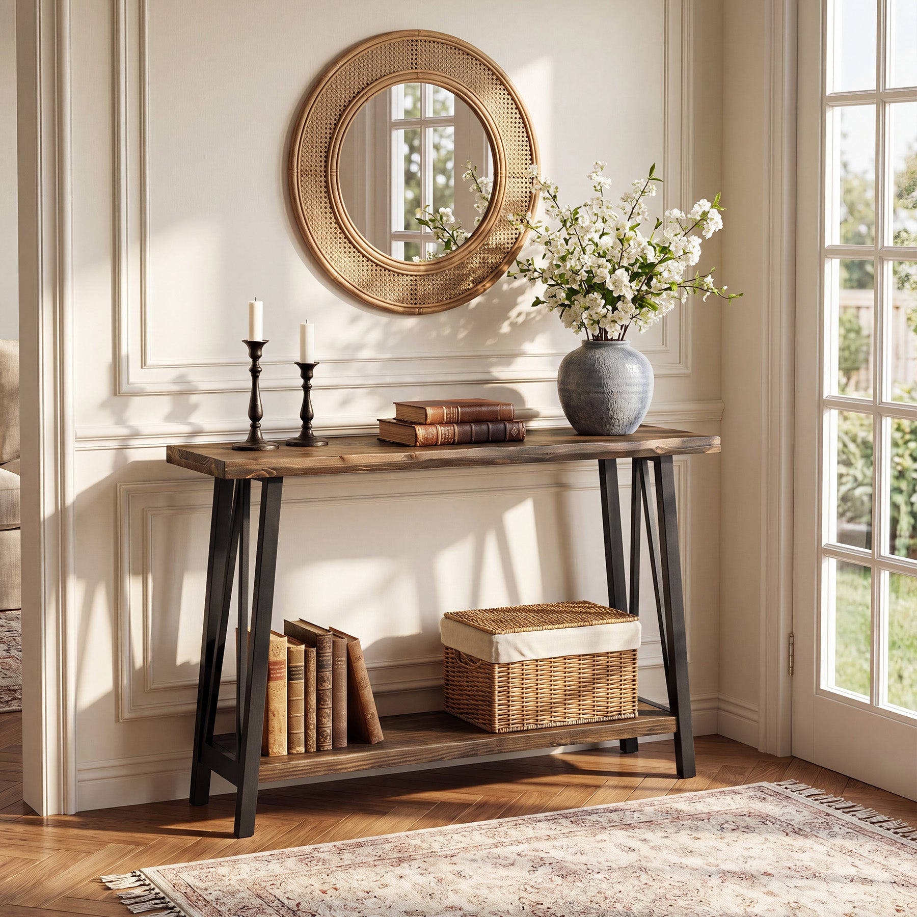 41.3" Live-Edge Solid Wood Console Table, 2-Tier Entryway Table with Metal Frame