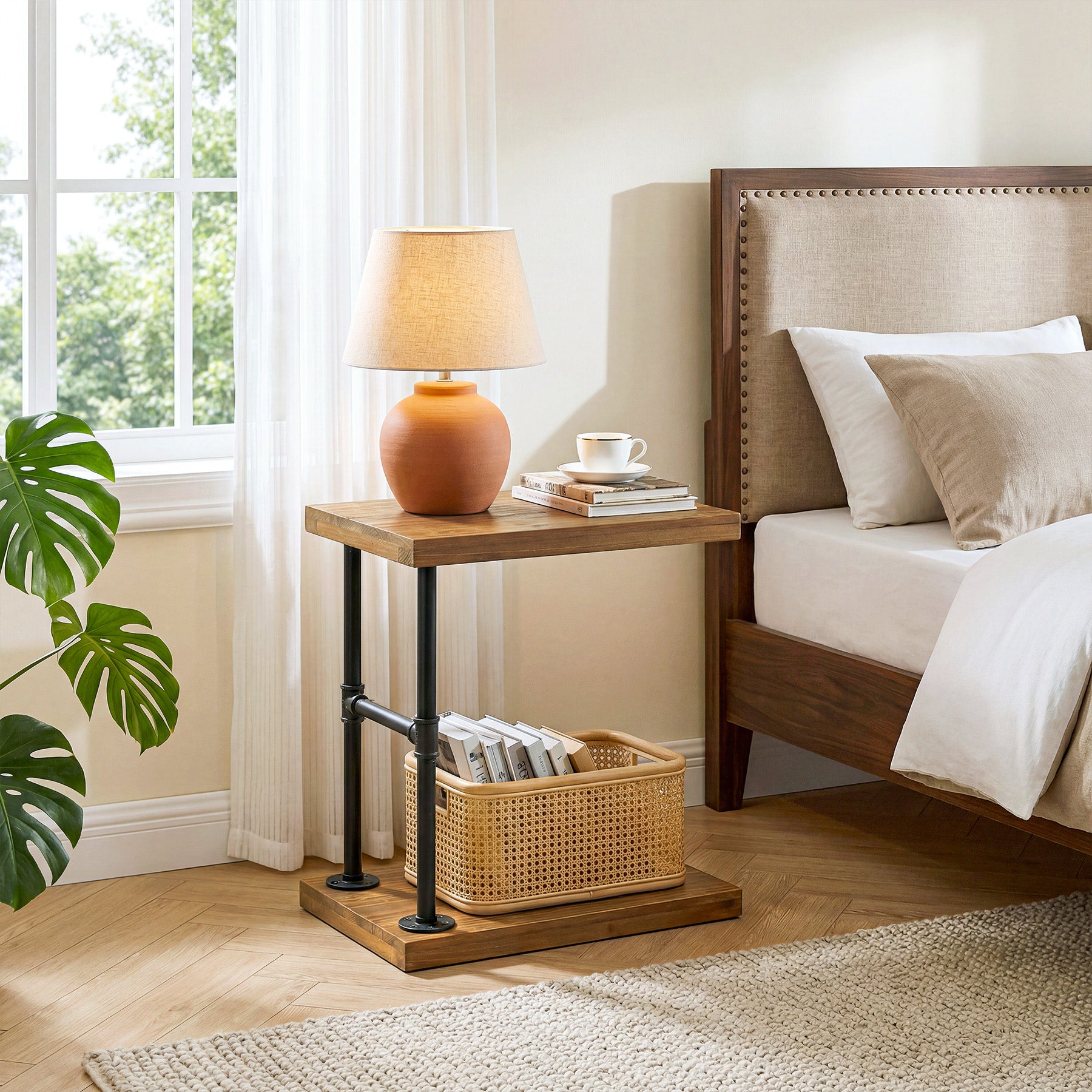 Tribesigns Narrow Solid Wood Nightstand, C-Shaped Bedside Table for Bedroom