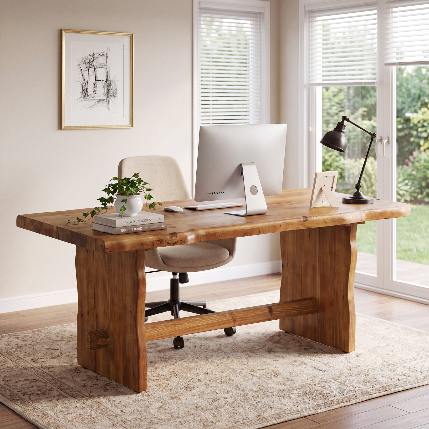 63" Solid Wood Executive Desk, Live Edge Computer Desk with Sturdy Panel Legs for Home Office