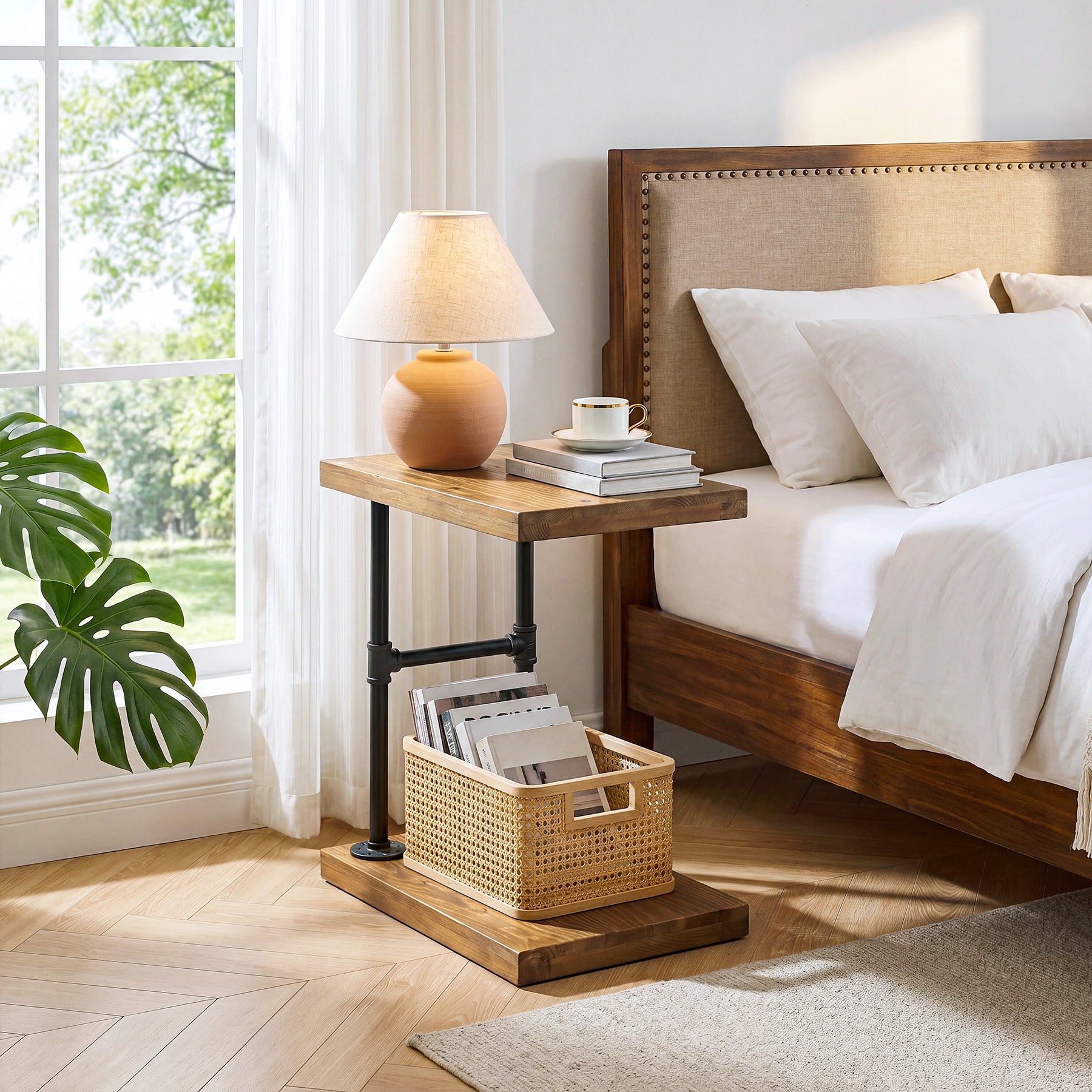Tribesigns Narrow Solid Wood Nightstand, C-Shaped Bedside Table for Bedroom