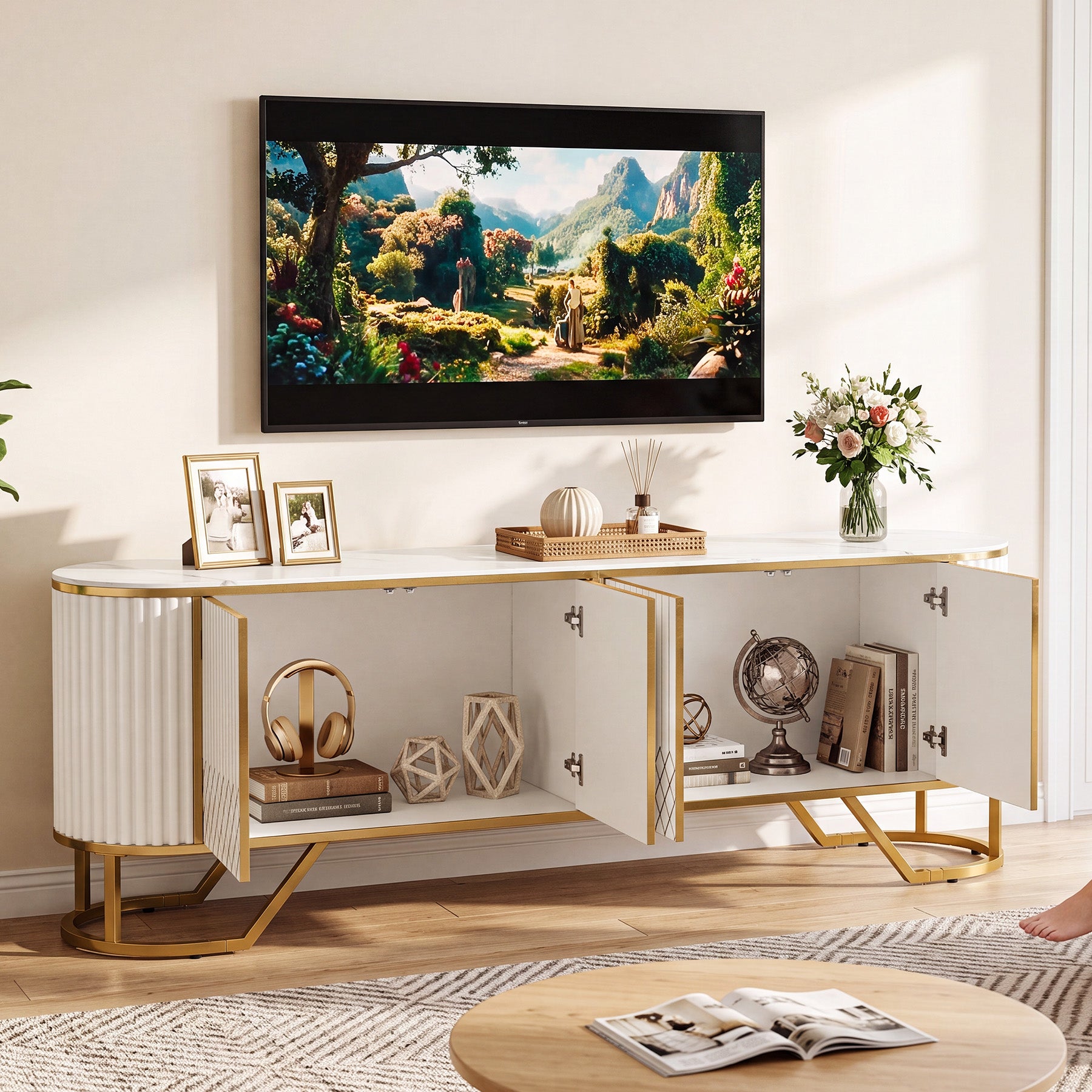 Modern 70.8" TV Stand, Entertainment Center with Storage Cabinet Doors for TV up to 80"