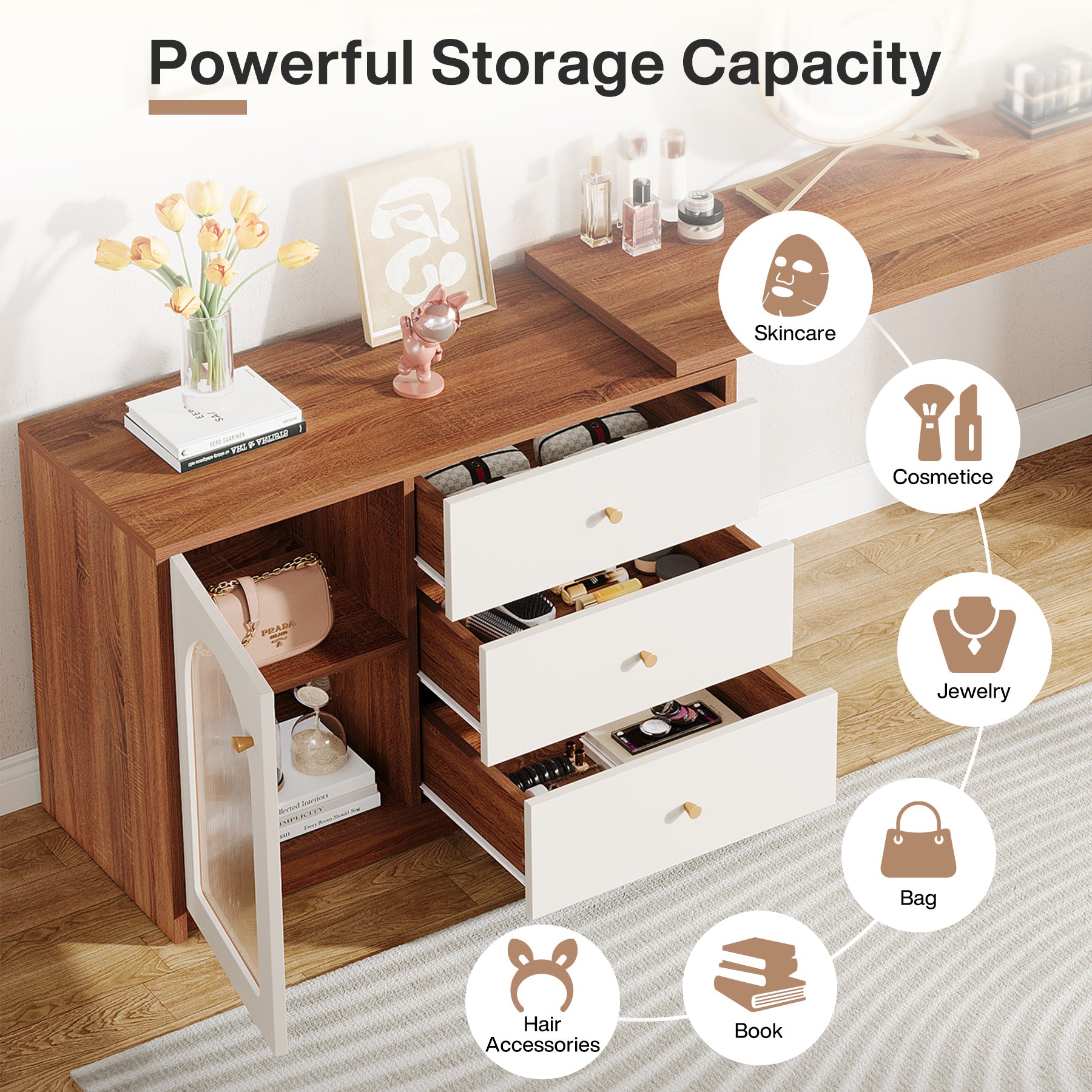 Modern Makeup Vanity, Dressing Table with 3 Drawers and Cabinet