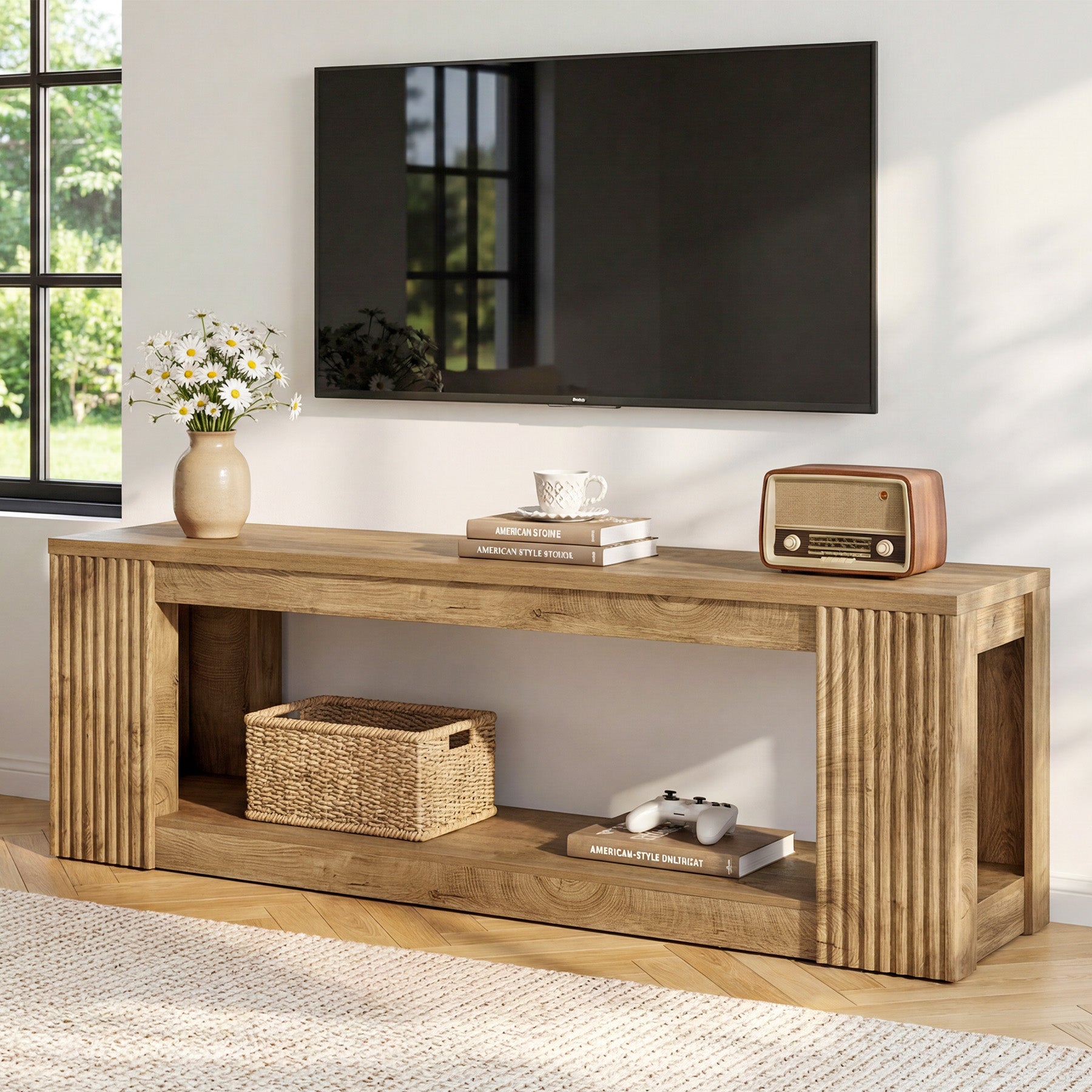 63" TV Stand, Entertainment Center with Open Storage Shelves for TVs Up to 75"
