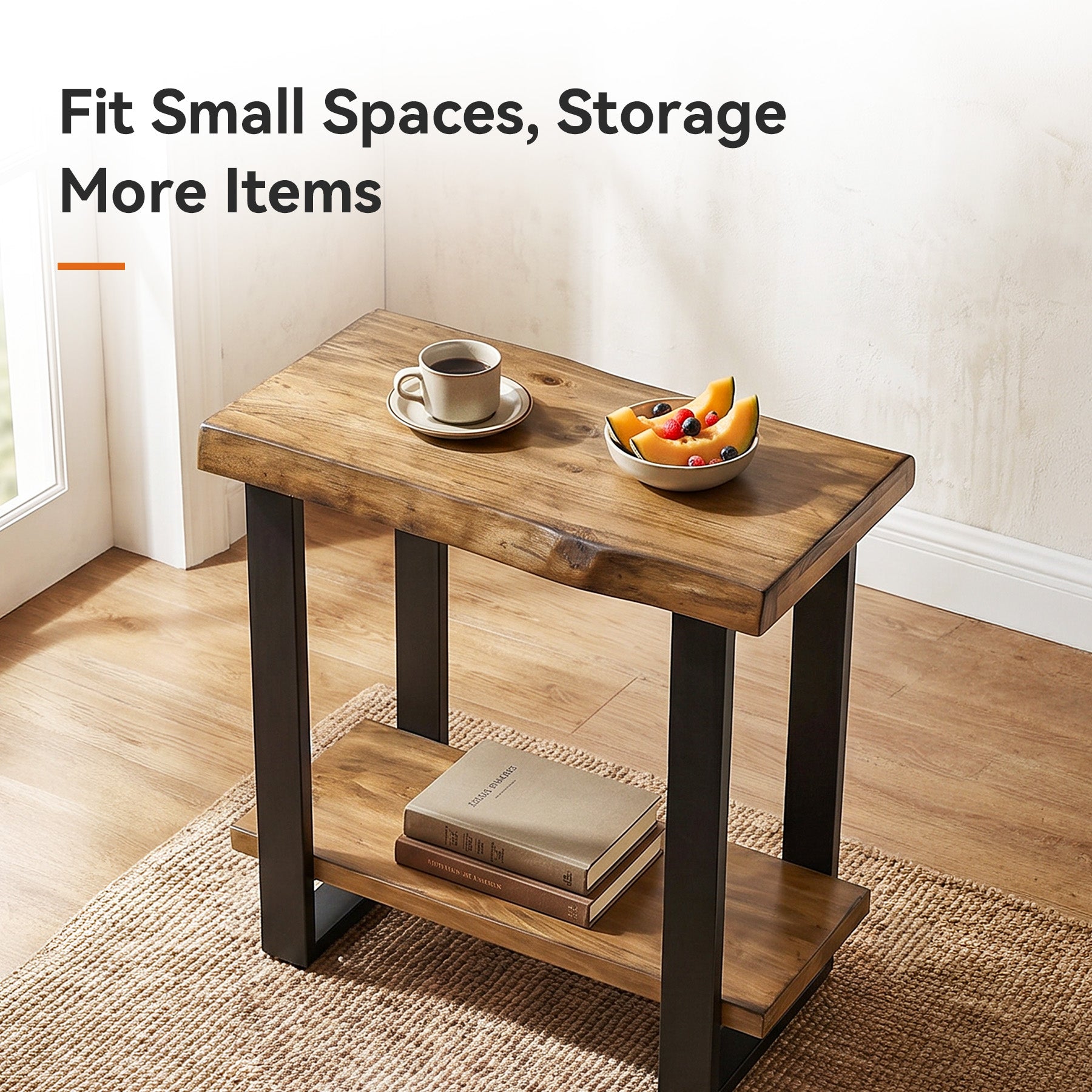 Solid Wood End Table, 2-Tier Side Table Nightstand with Iron Frame