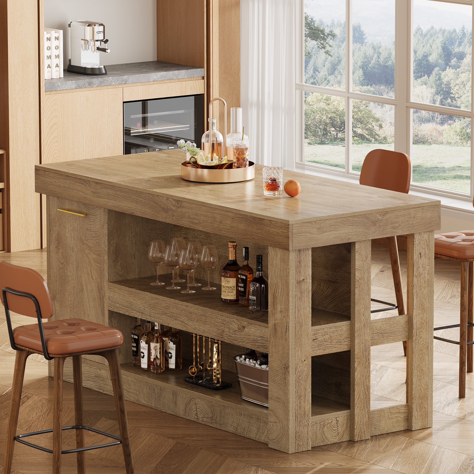 55" Bar Table with Storage Cabinet, 2-Tier Shelf Counter Pub Table for Kitchen