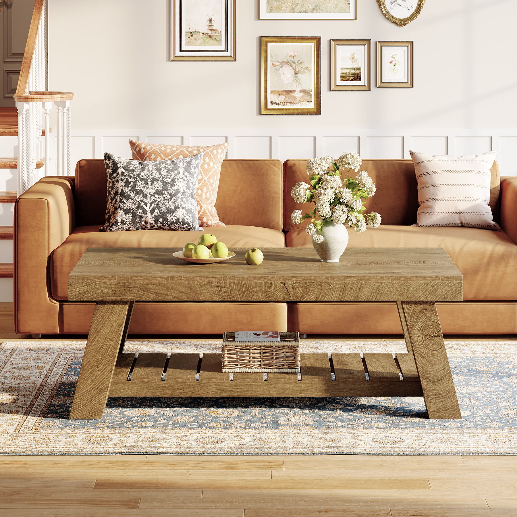 Rectangular Coffee Table, 47.24" Farmhouse Center Table with 2-Tier Storage