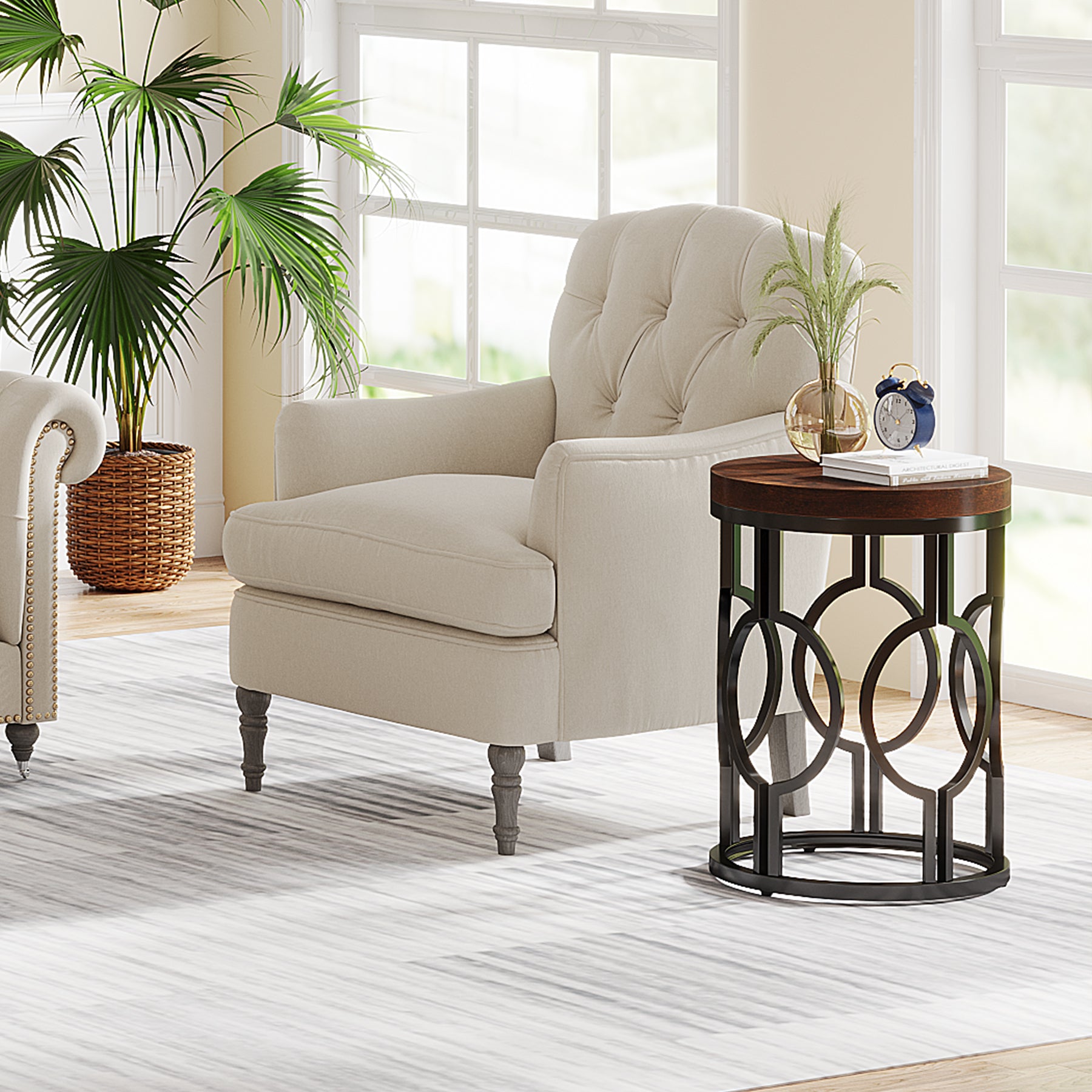 Small Round End Table, Industrial Metal Frame Side Table for Living Room & Bedroom