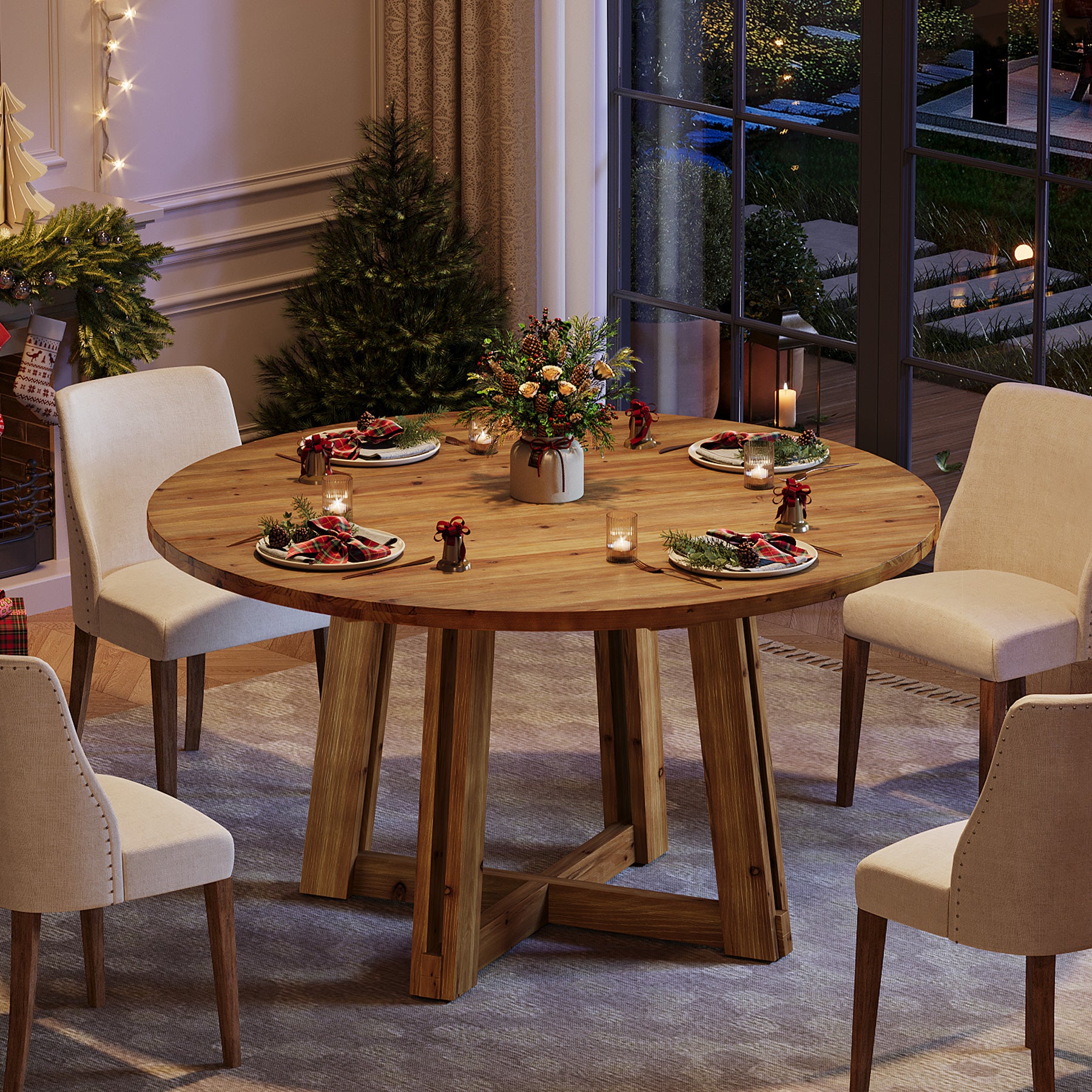 47" Round Dining Table, Solid Wood Kitchen Table with Sturdy Legs for 4-6