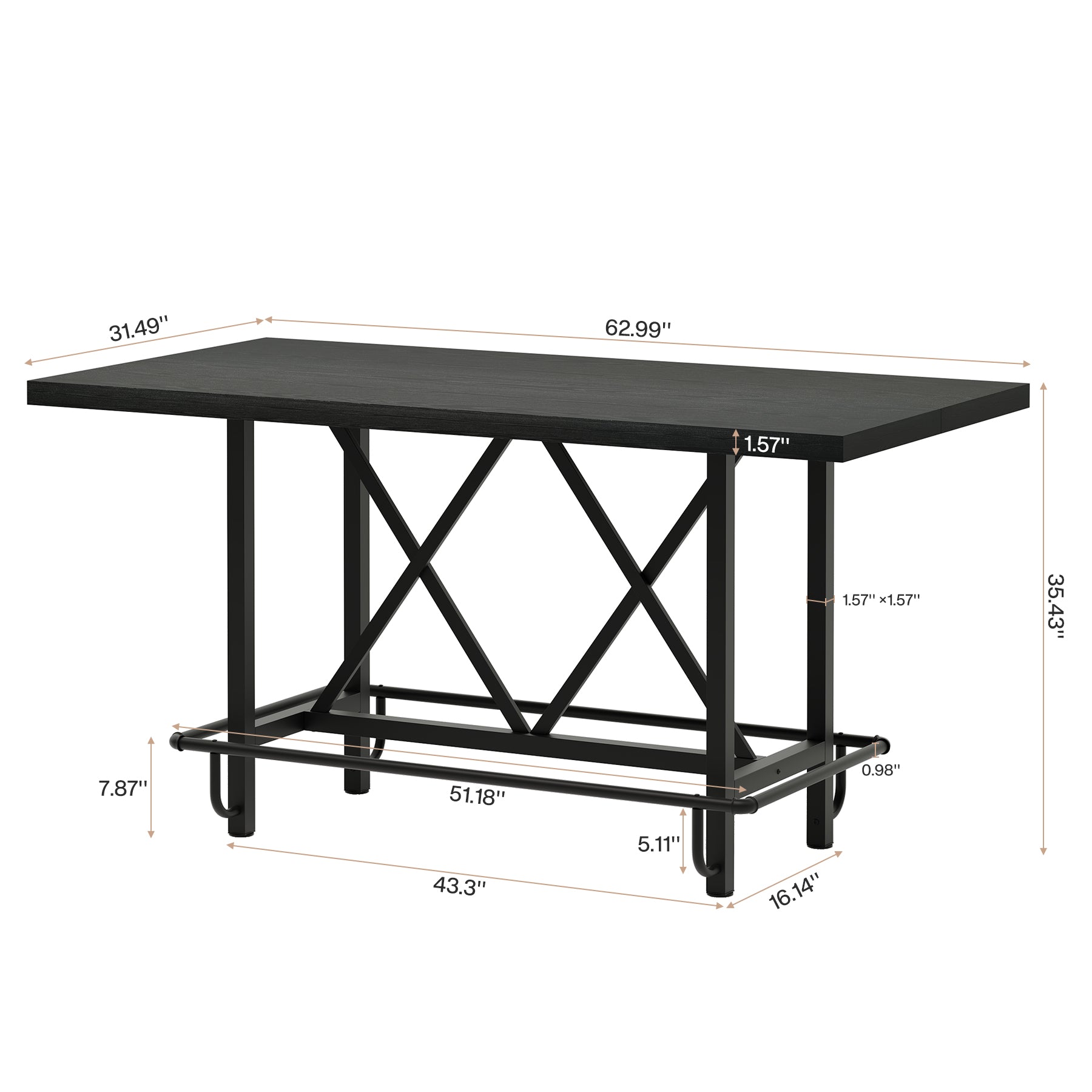 63" Rectangular Dining Table for 6, Counter-Height Kitchen Table with Metal Legs