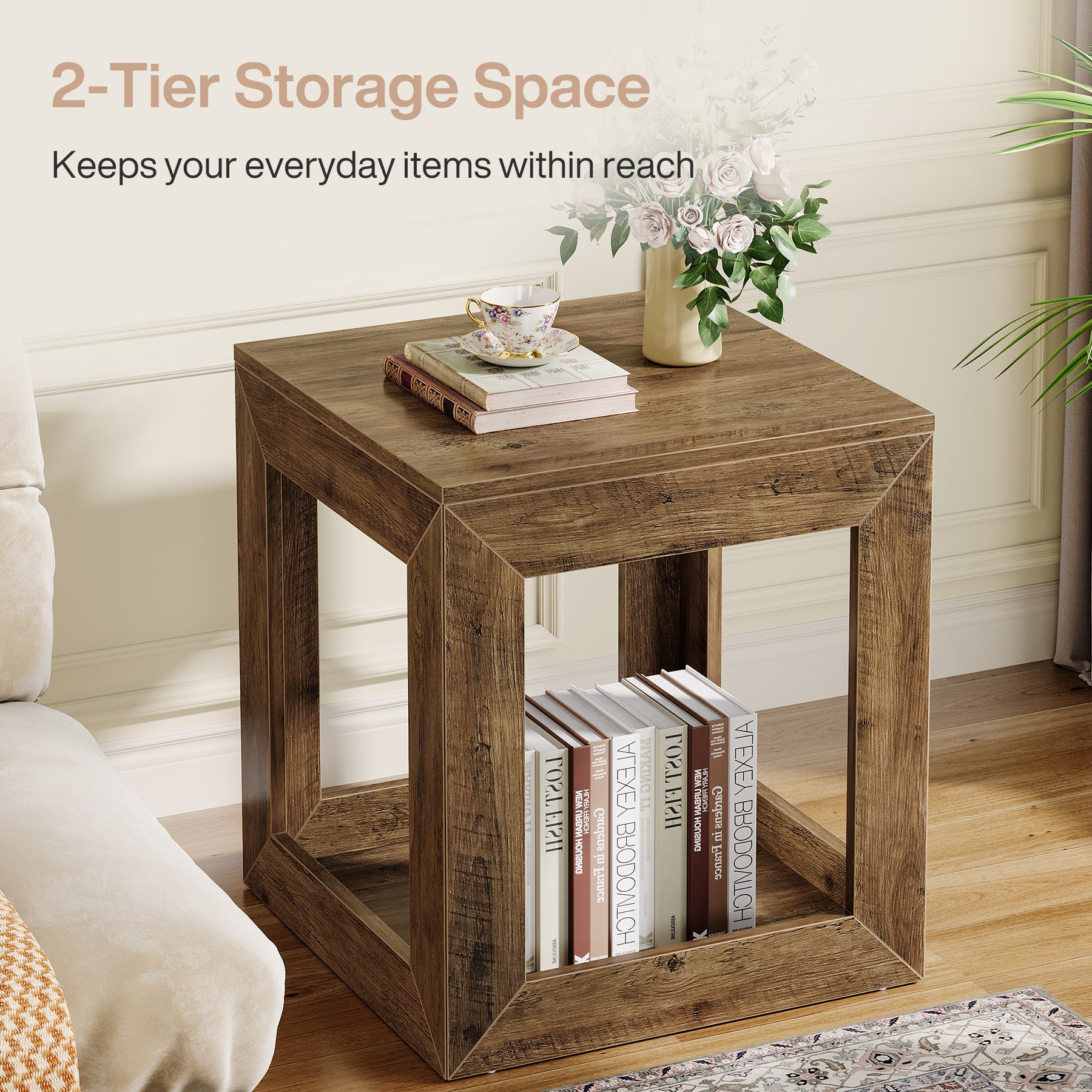 Square End Table, 9.7" Side Table Nightstand with 2-Tier Storage Shelf