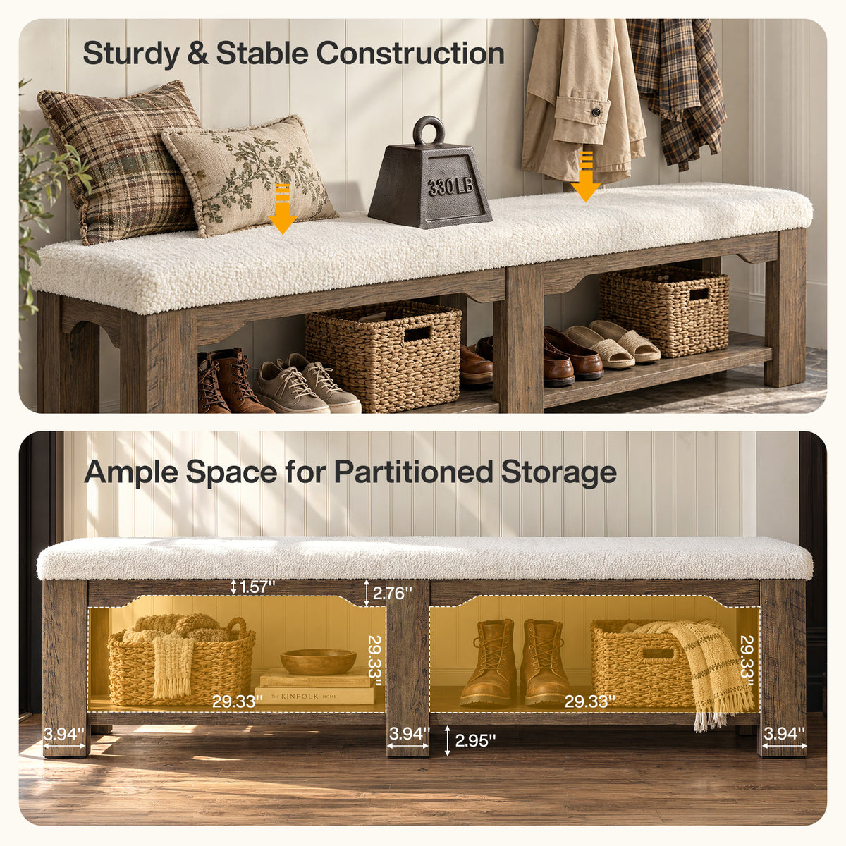 71" Wide Entryway Shoe Bench, Farmhouse Cushioned Seat & Lower Open Storage Shelf