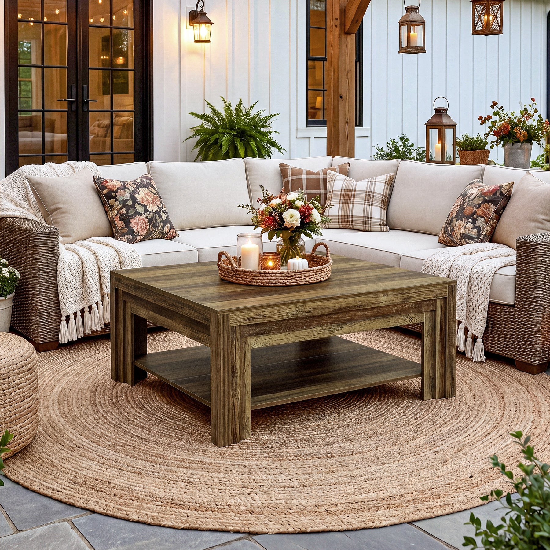 Farmhouse Square Coffee Table with Shelf
