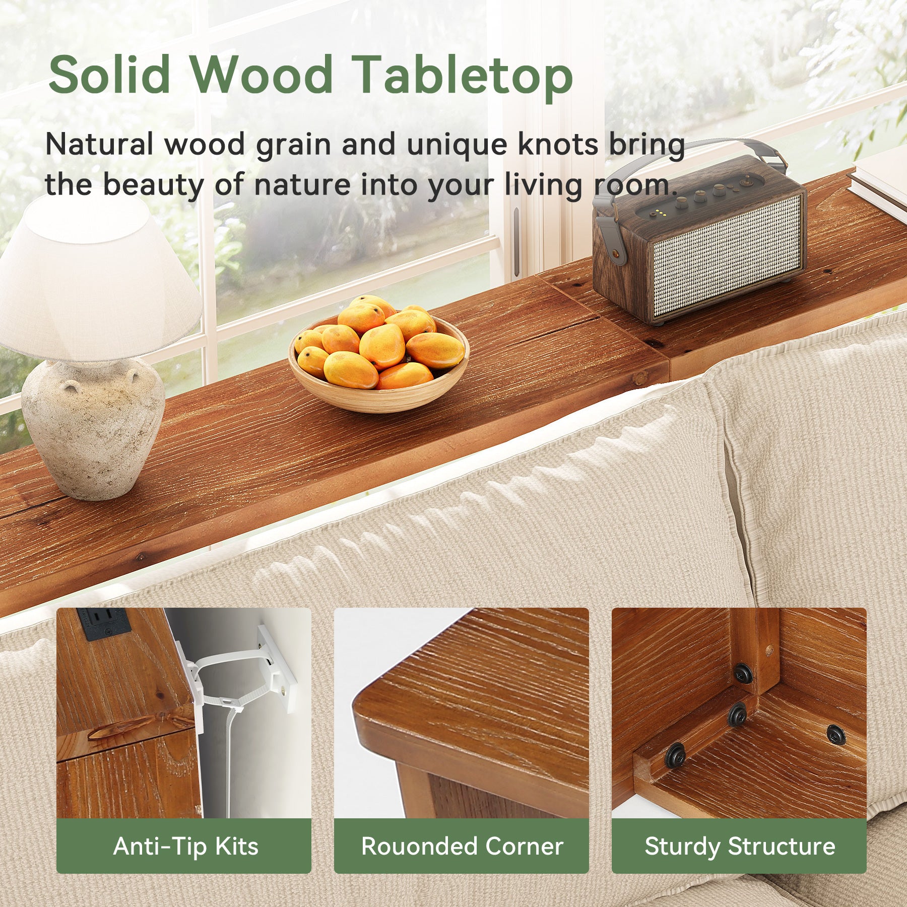 82.7" Narrow Solid Wood Sofa Table Behind Couch with Power Outlets and USB Ports