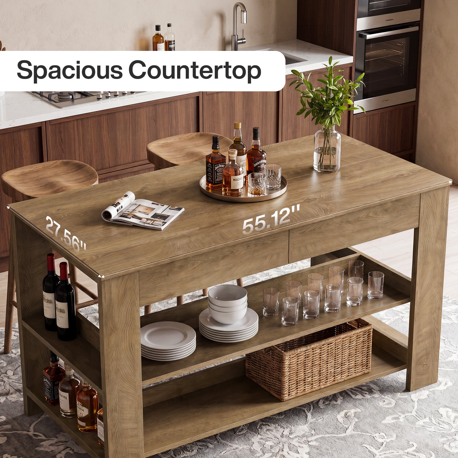55" Farmhouse Kitchen Island with 2 Drawers & Open Storage Shelves, Stationary Kitchen Island Table