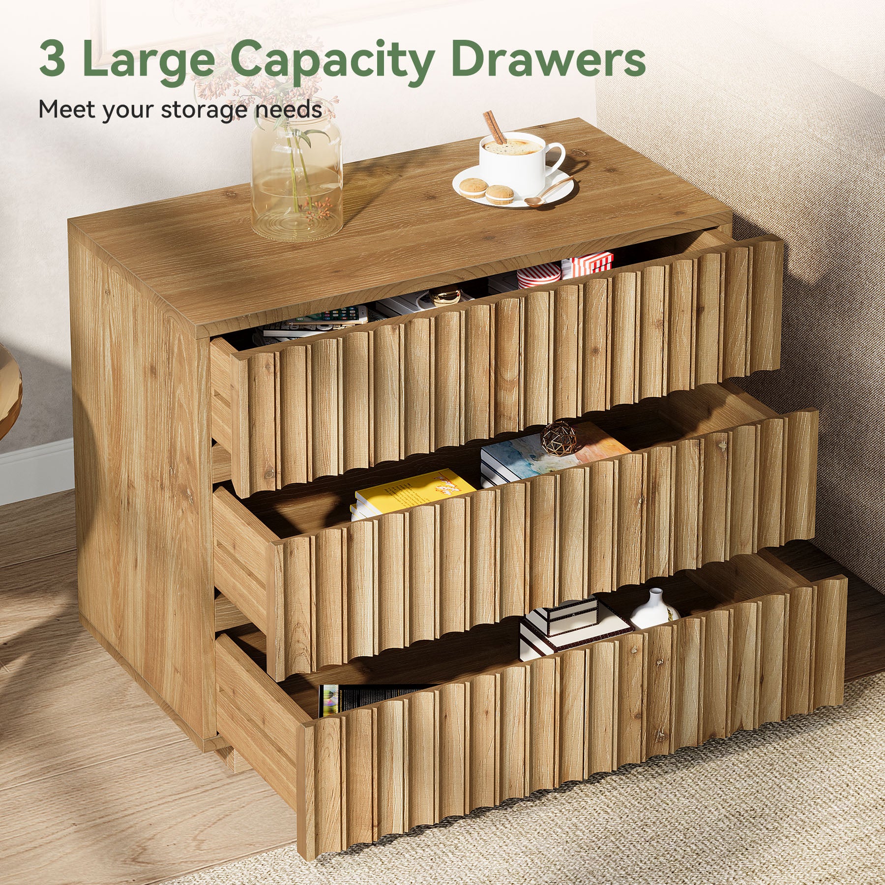 Oversized Solid Wood Nightstand, 31.5" Bedside Table with 3 Drawers