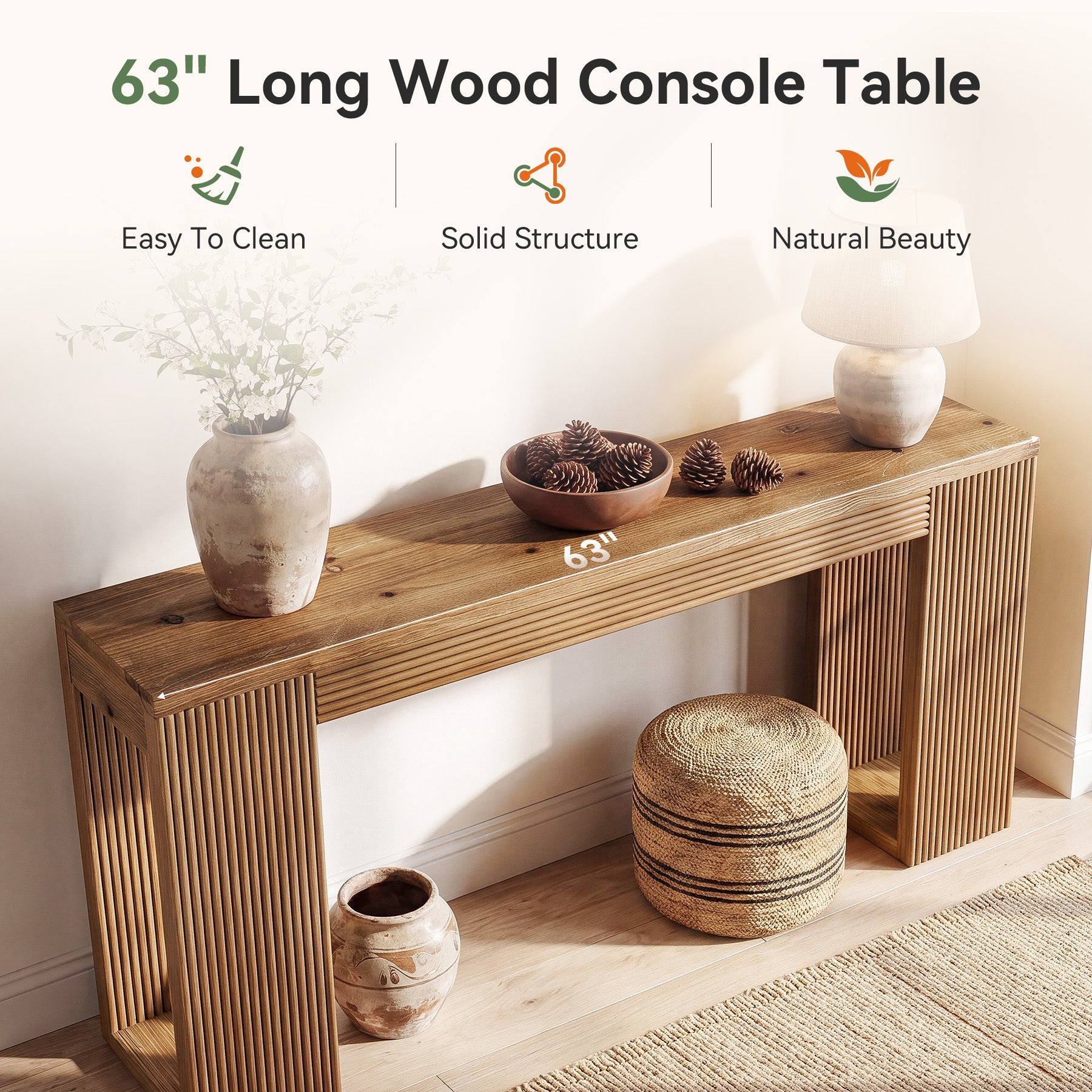 63" Solid Wood Farmhouse Console Table, Narrow Entryway Sofa Table with Fluted Legs
