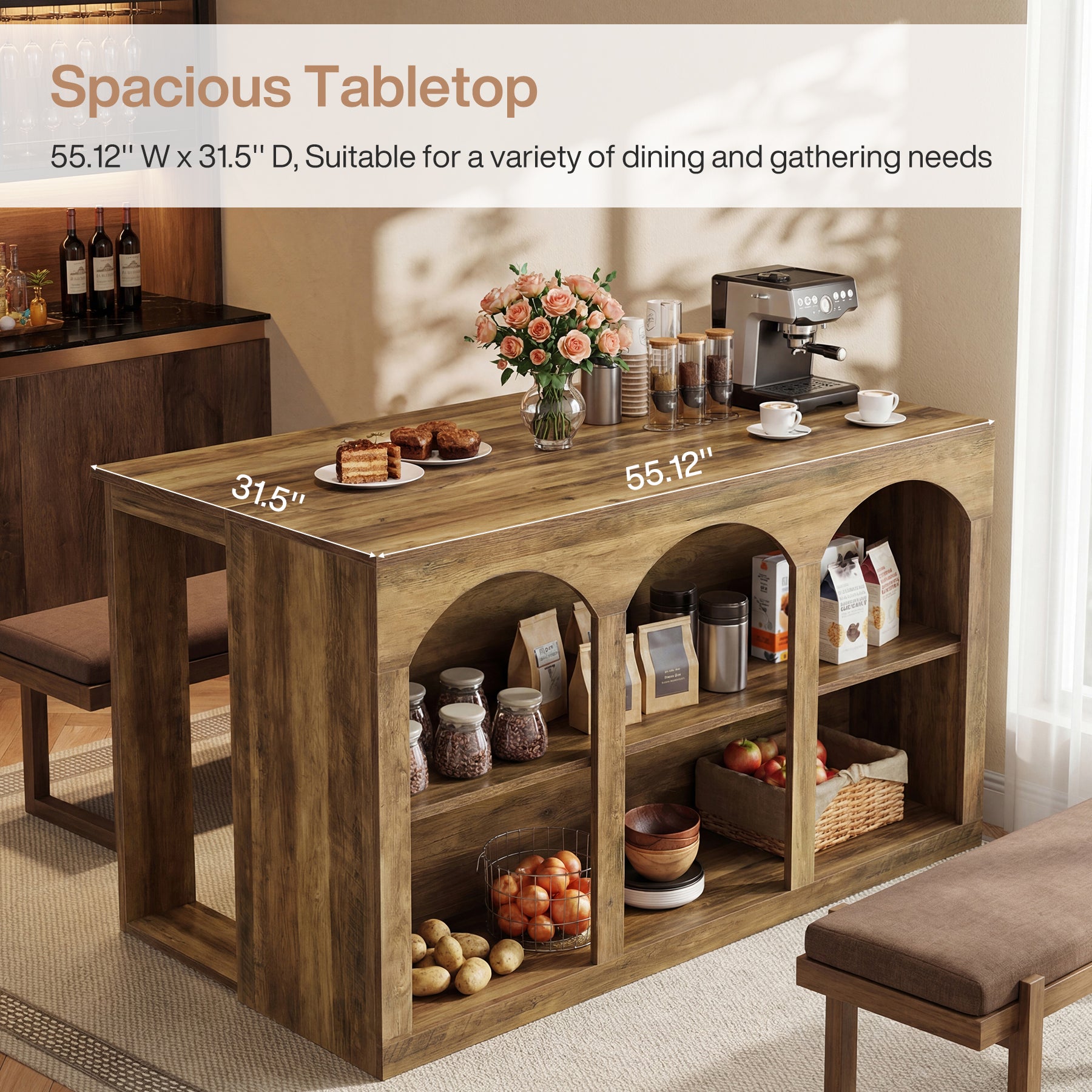 55" Bar Table, High Top Large Home Bar Unit Table with 2-Tier Shelves