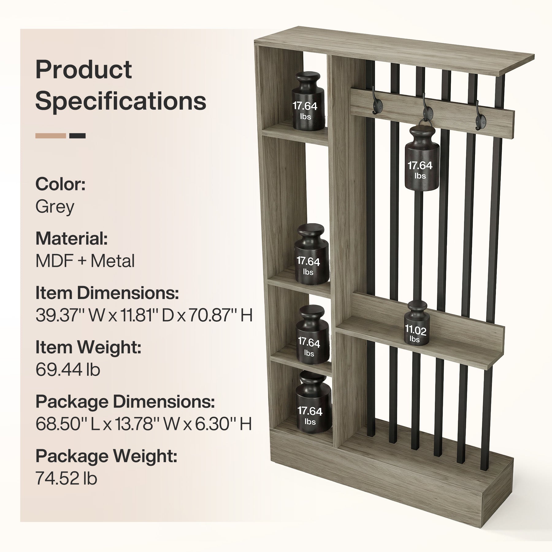 71" Wall Room Divider, Wood Freestanding Wall Partition Bookcase with Coat Hooks
