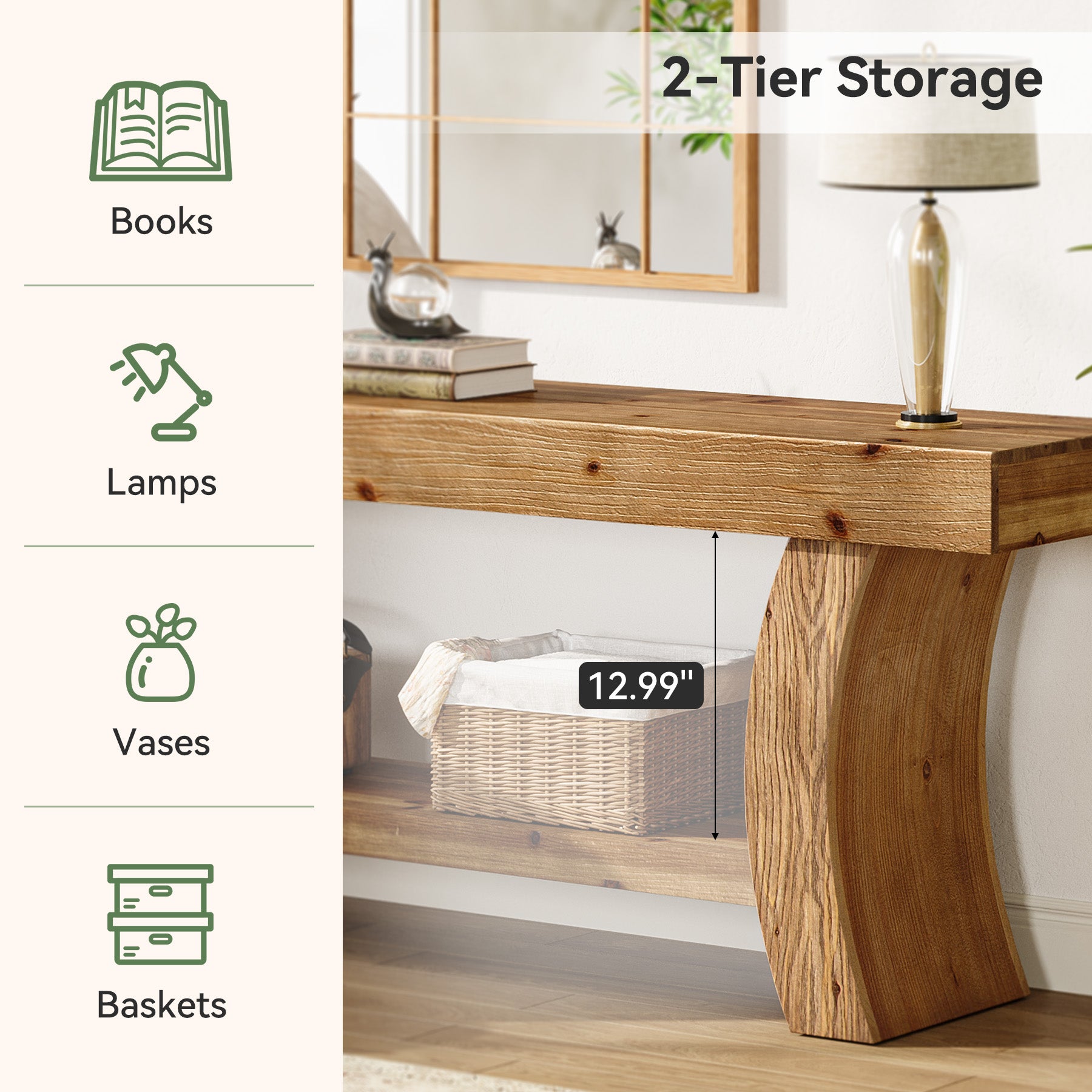 2-Tier Solid Wood Console Table, 63" Farmhouse Sofa Table Behind Couch