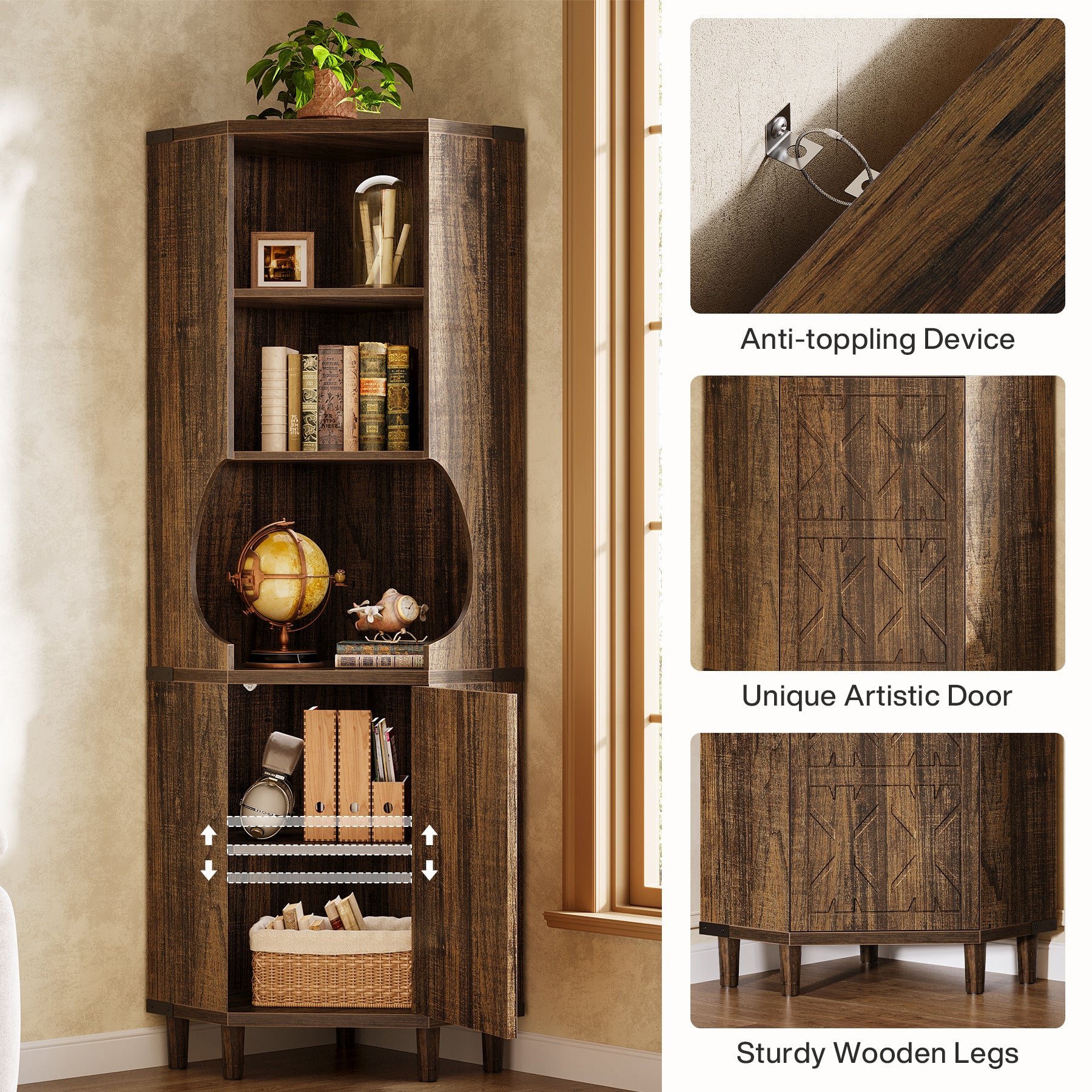 69.29" Corner Cabinet, Kitchen Pantry with Doors and Adjustable Shelves