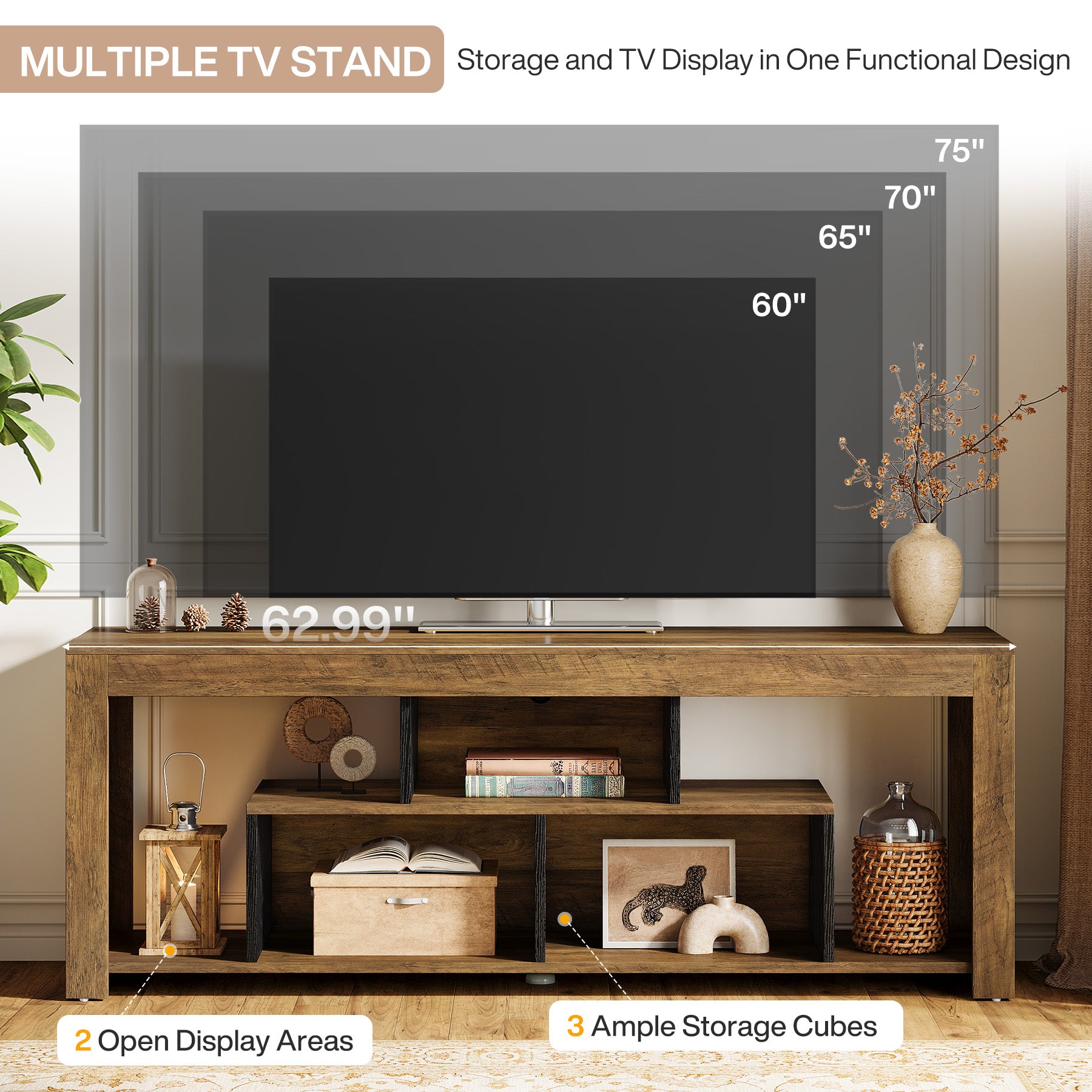 63-Inch TV Stand for 65–75 Inch TV, Rustic Wooden Media Console with Storage Shelves