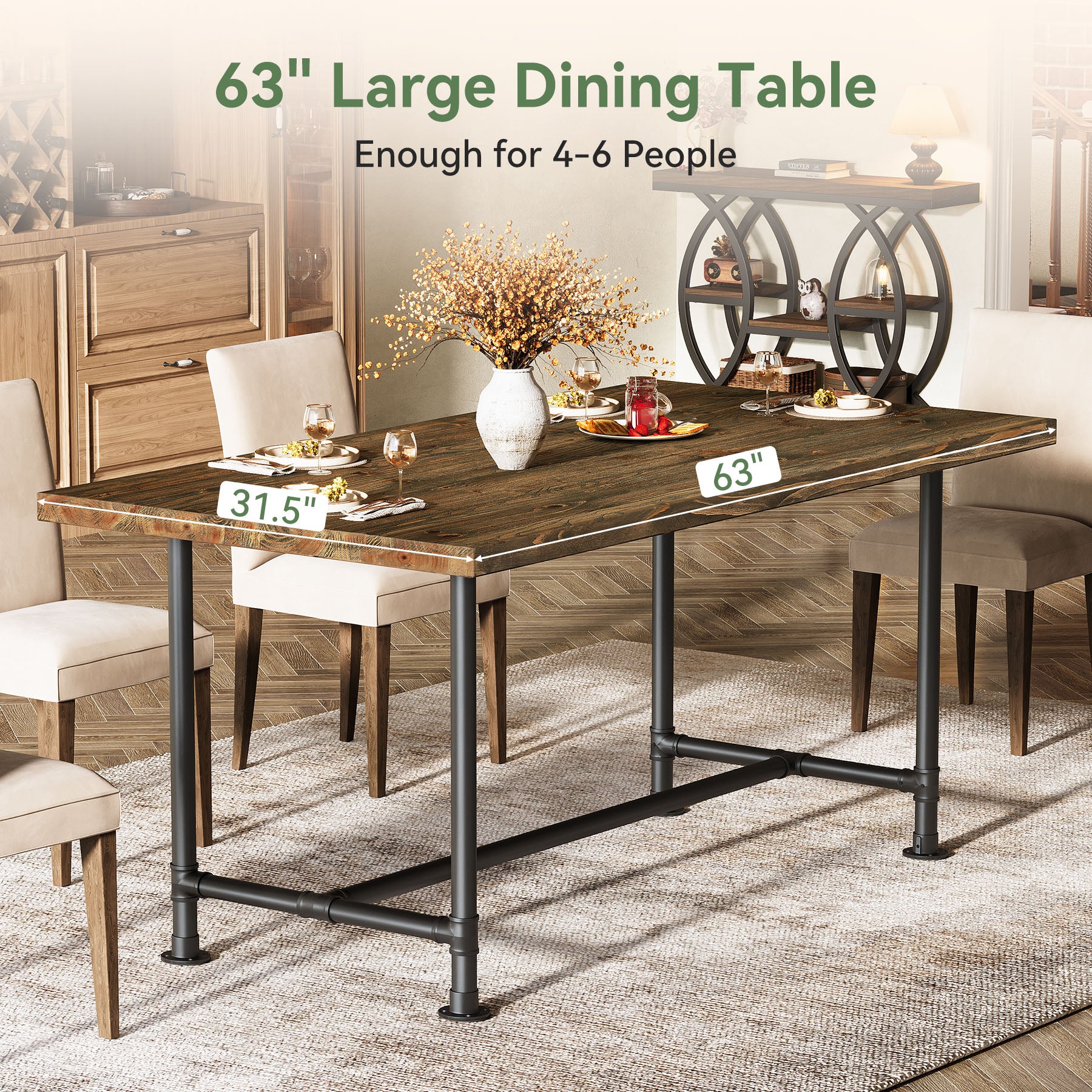 63" Solid Wood Dining Table for 4-6, Industrial Kitchen Table with Metal Footrest