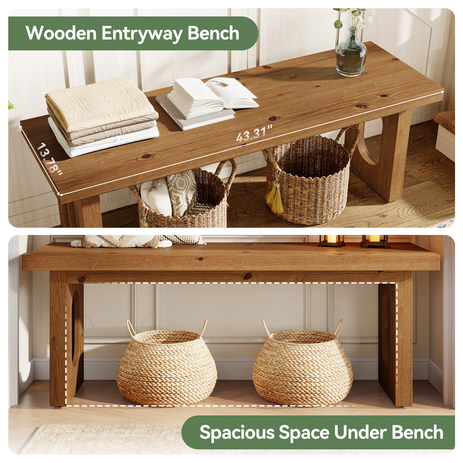 Solid Wood Entryway Bench, 43.3" Farmhouse Shoe Bench with Hollowed Legs