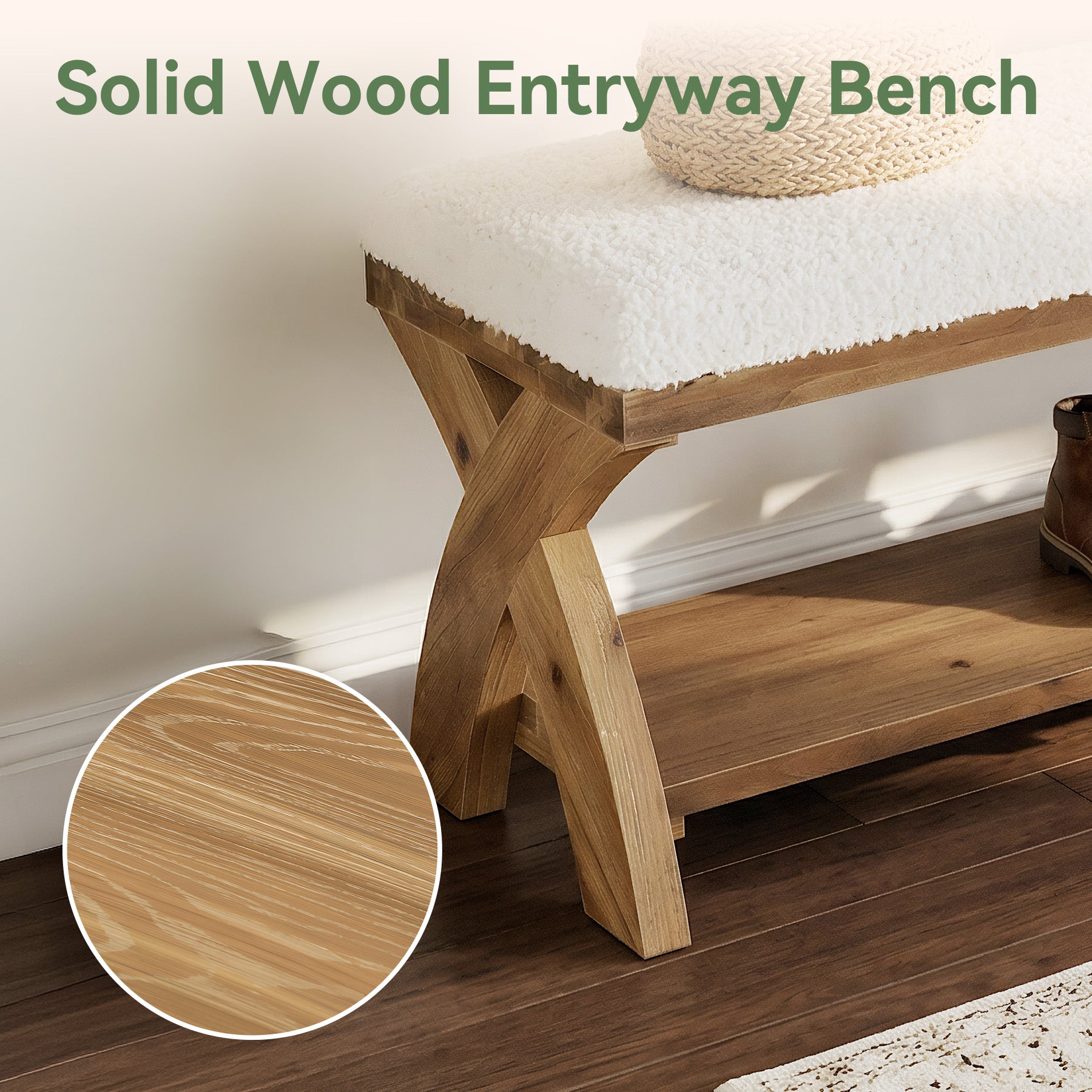Solid Wood Upholstered Shoe Bench, Entryway Bench with Padded Seat and Storage Shelf