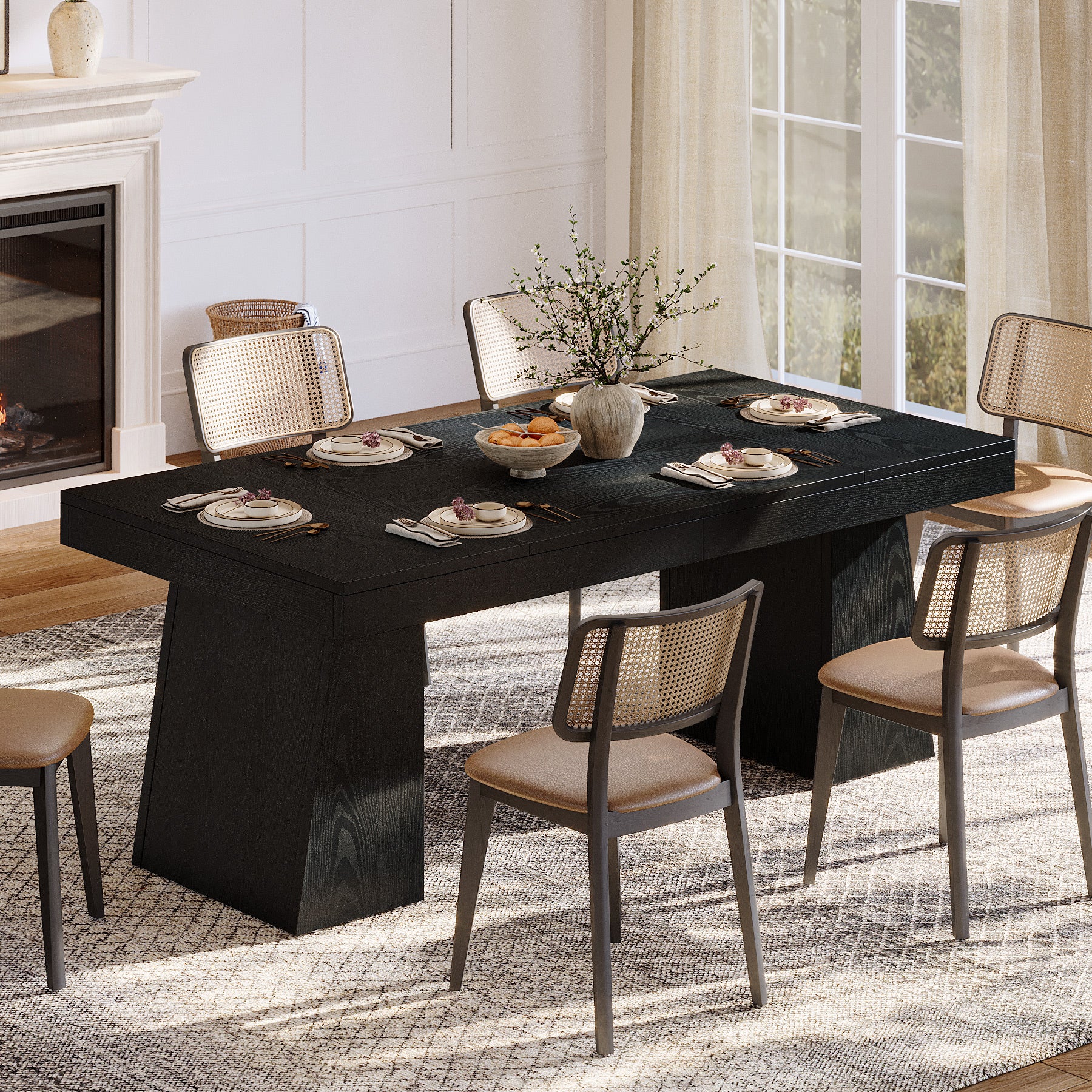 55 Inch Farmhouse Double Pedestal Dining Table, Rectangular Table for 4-6 in Small Spaces