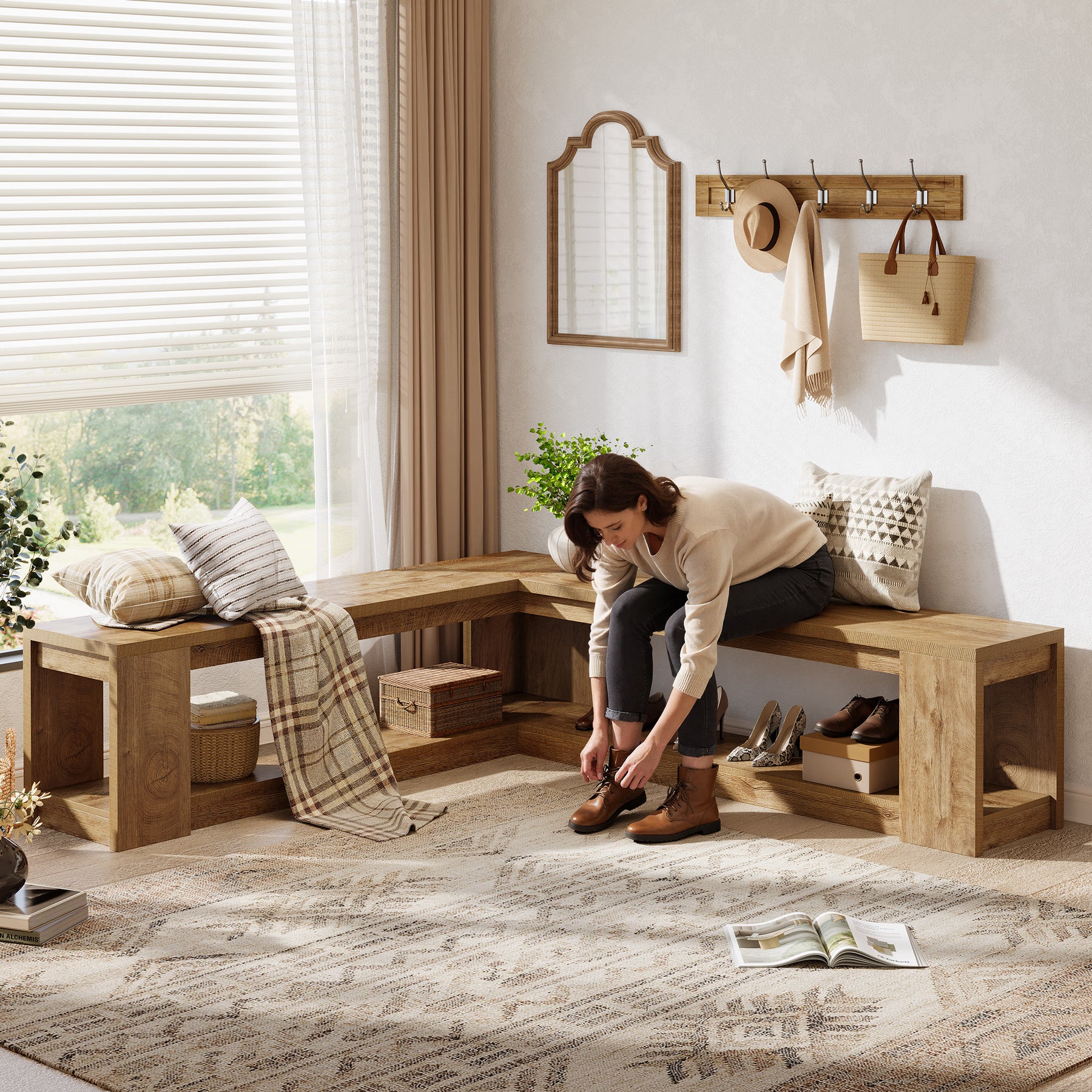 L-Shaped Bench with Storage, Corner Entryway Bench for Living Room