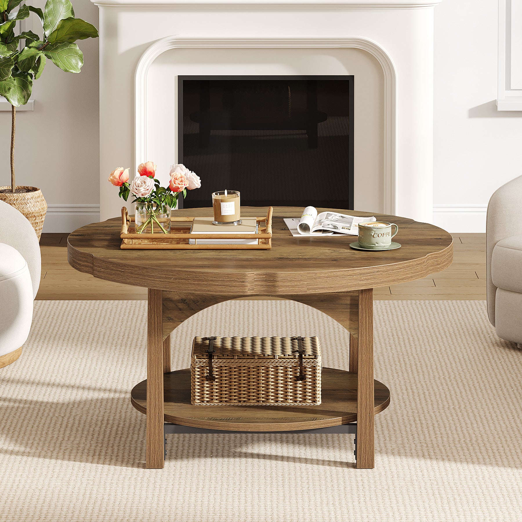33.46" Round Coffee Table, 2-Tier Farmhouse Center Table with Storage Shelf