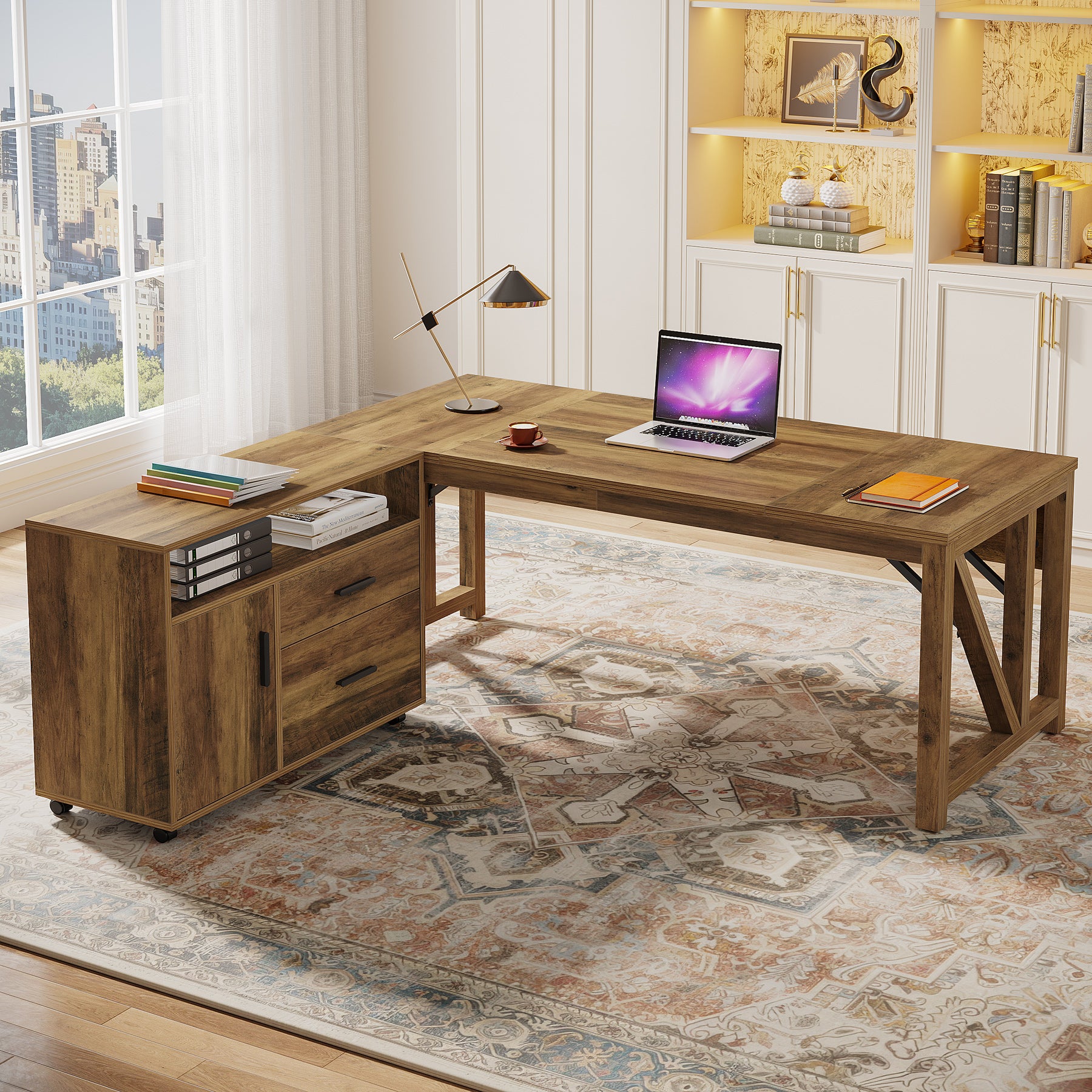 L-Shaped Executive Desk, 63" Computer Desk with Drawer Cabinet