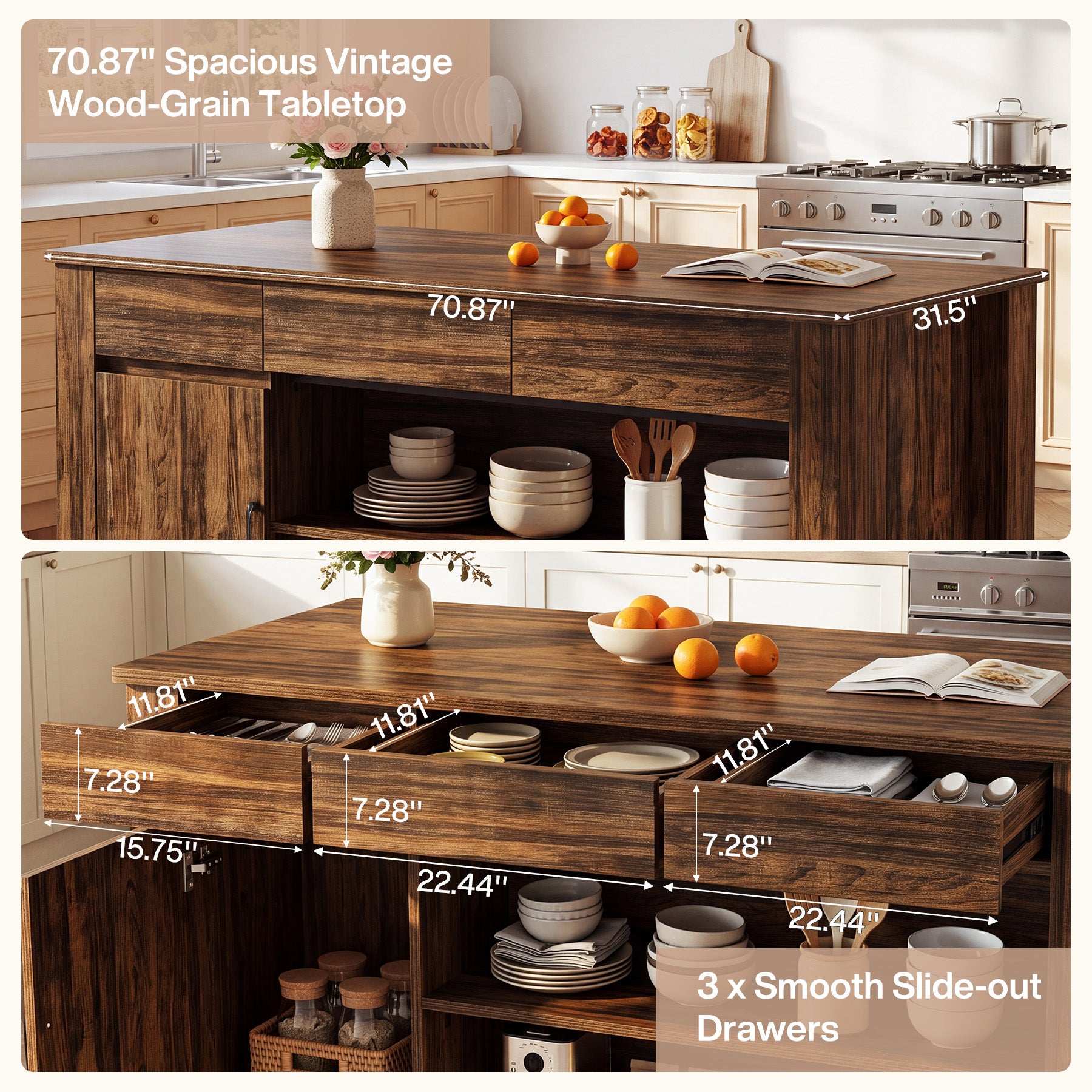 70.87" Kitchen Island with 3 Drawers, Cabinet and Open Shelves