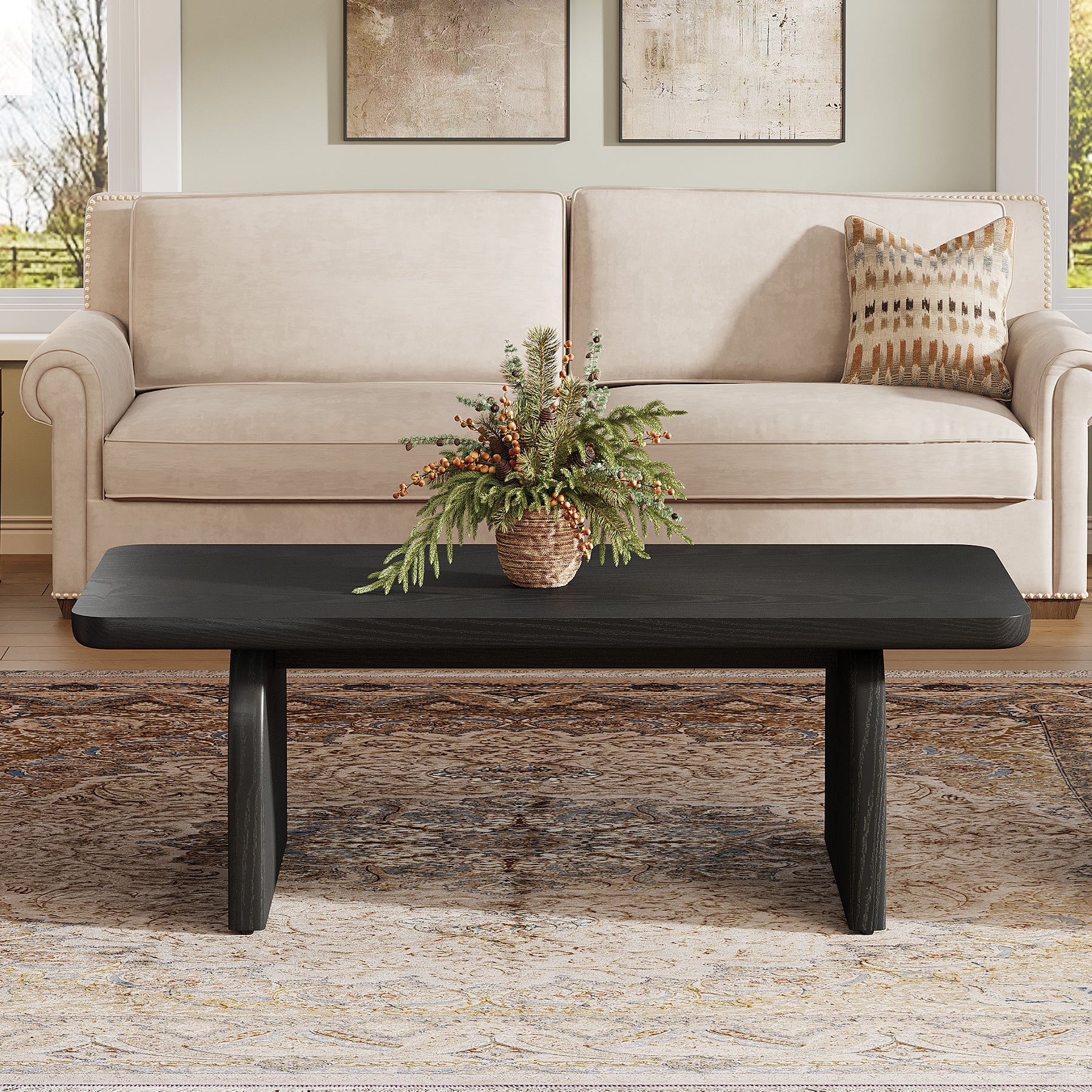 47" Farmhouse Coffee Table, Rectangular Wooden Center Table for Living Room