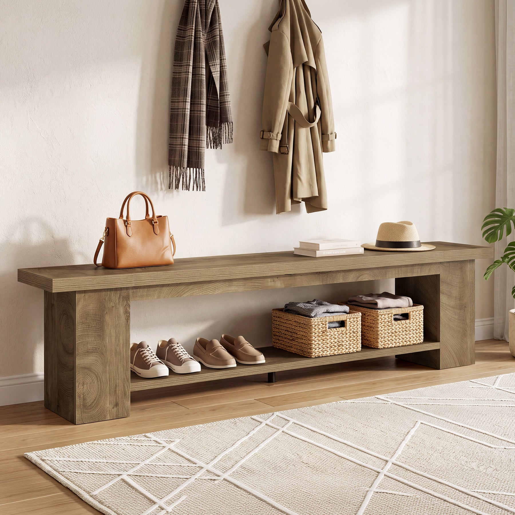 86.6" Extra-Long Entryway Bench, Farmhouse Shoe Bench with 2-Tier Storage